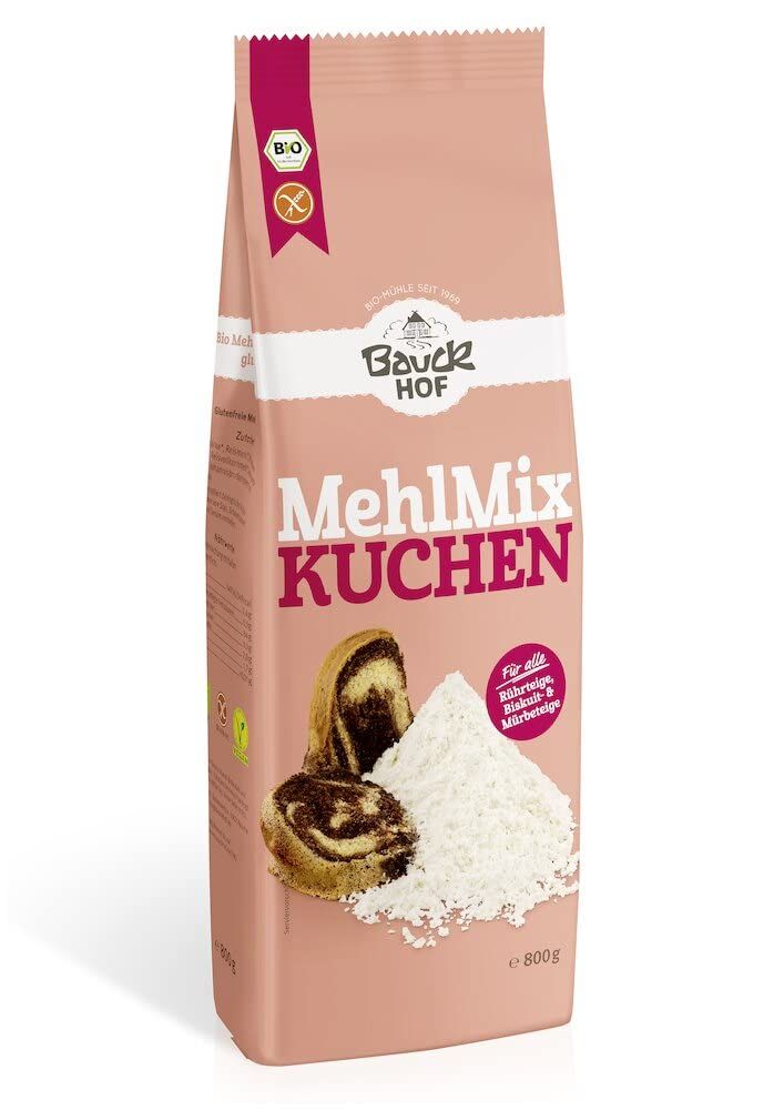 Bauckhof MehlMix Kuchen glutenfrei Backmischung, 800g Packung mit Kuchenabbildung und Mehl.