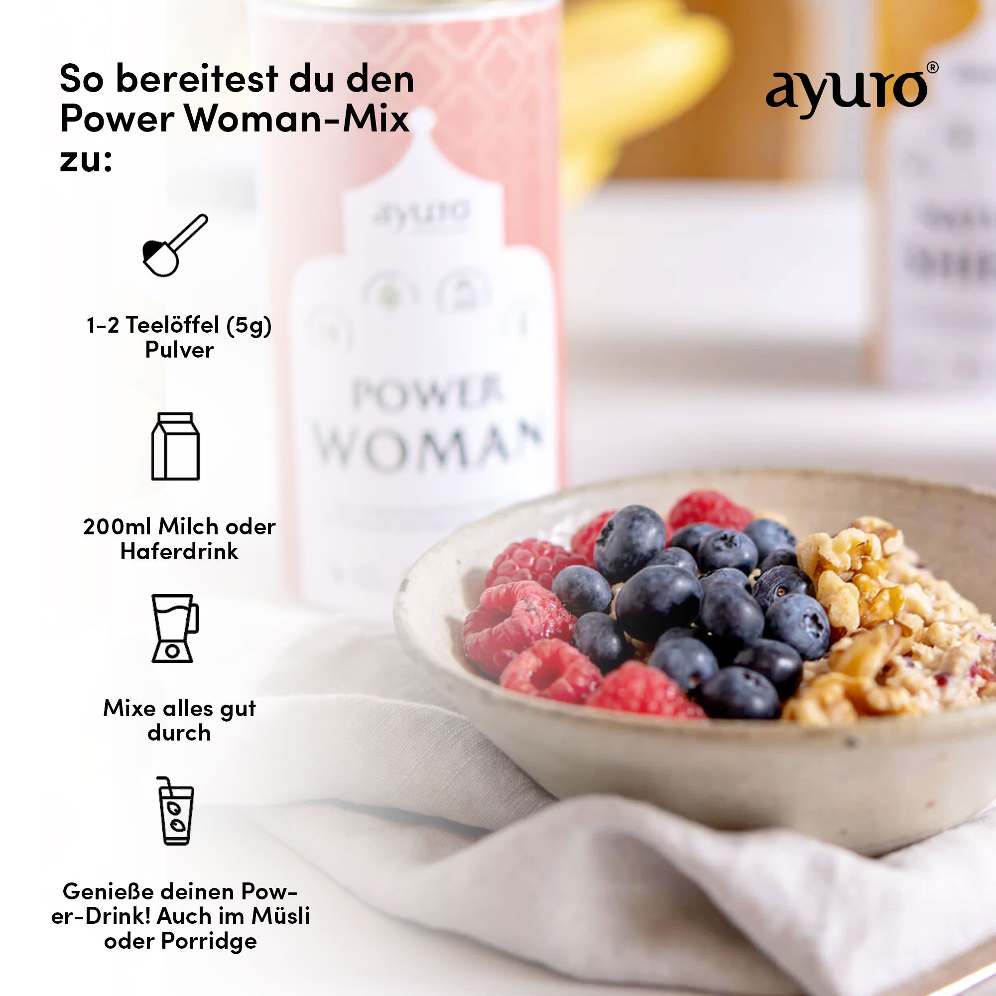 Schüssel mit Müsli, Beeren und Walnüssen. Daneben: Dose POWER WOMAN und Zutaten-Icons.