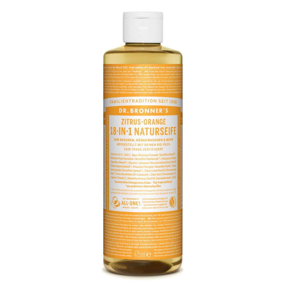 Zitrus-Orange Flüssigseife von Dr. Bronner's. Flasche mit weißem Deckel. Gelbe Flüssigkeit. Text: 18-in-1 Naturseife.