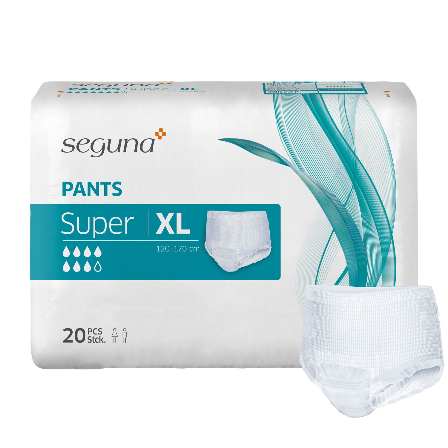 Verpackung SEGUNA Pants Super XL. Produkt und Pants abgebildet. Größenangabe: 120-170 cm.