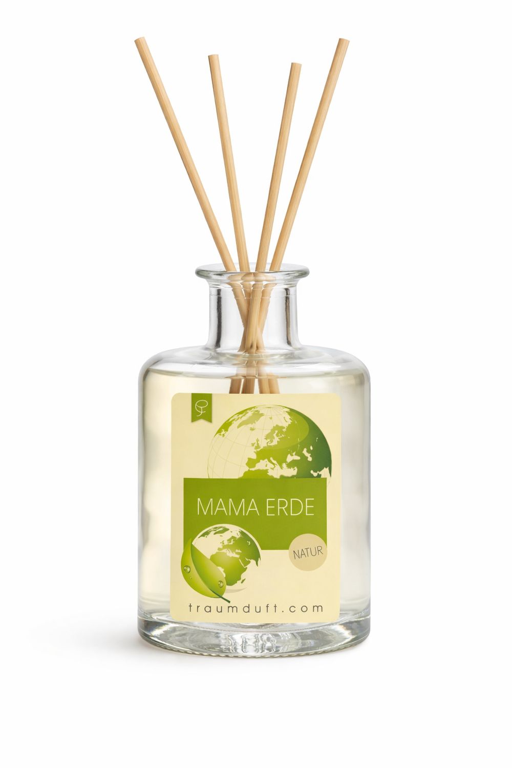 Glasflakon mit Duftflüssigkeit und Holzstäbchen. Aufkleber mit „MAMA ERDE“ und Weltkarte. Natur-Label.