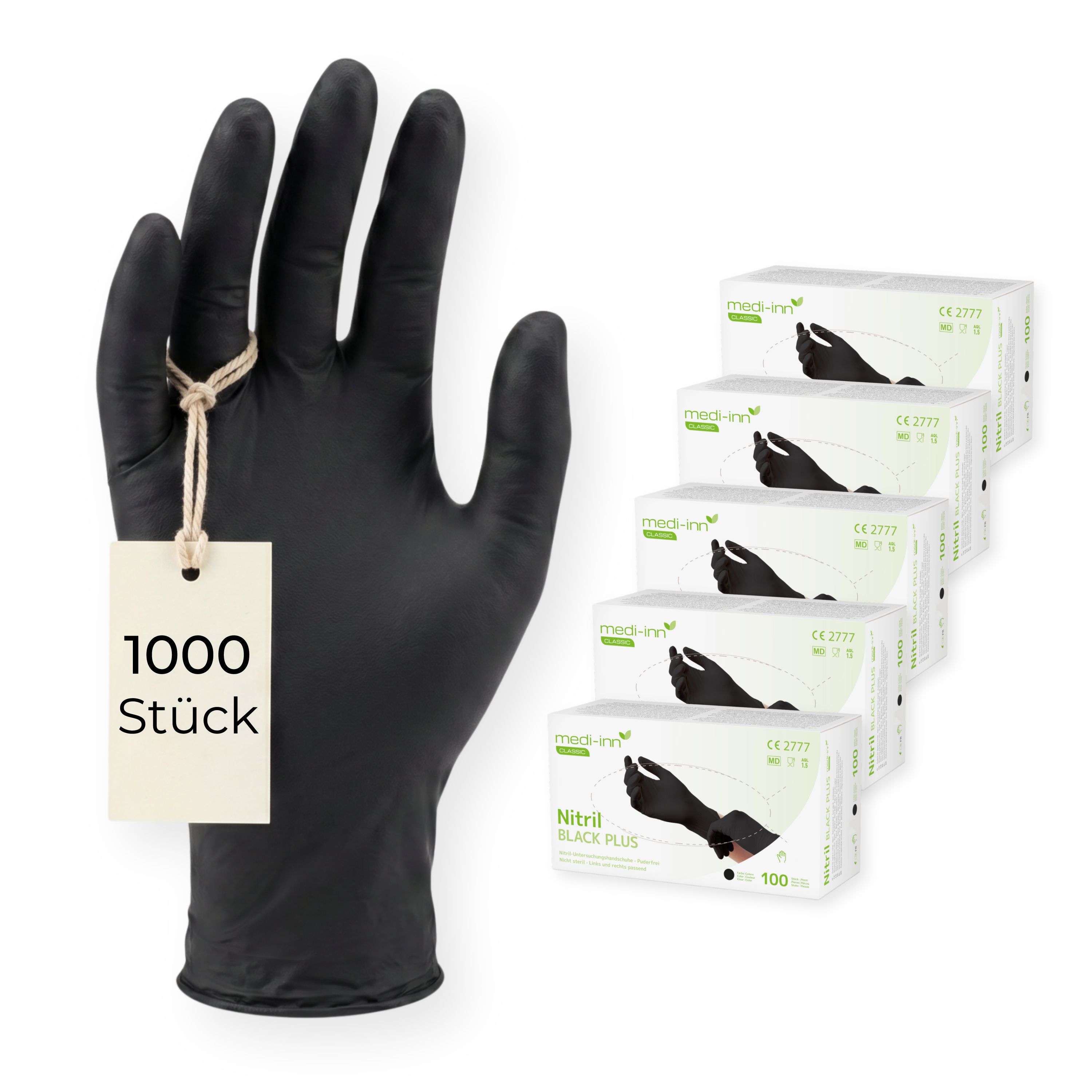 Schwarze Nitril-Einmalhandschuhe, 1000 Stück, auf einem einzelnen Handschuh mit Etikett.