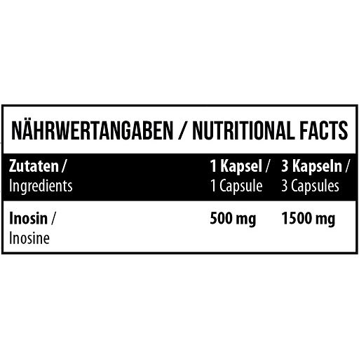 Nährwertangaben zu Inosin. Tabelle mit Zutaten und Mengen: 500 mg pro Kapsel, 1500 mg für 3 Kapseln.