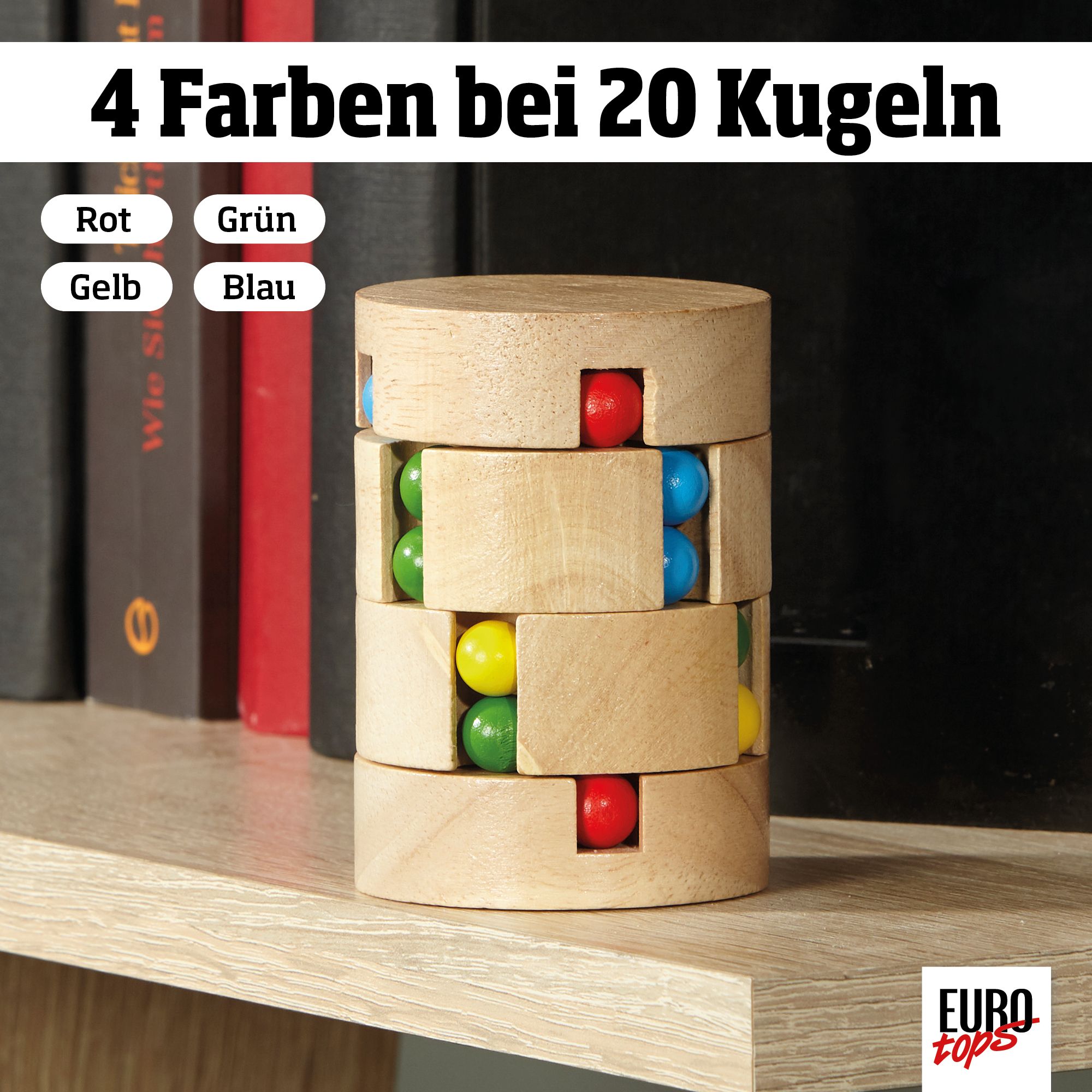 Holz-Dreh- und Schieberätsel mit bunten Kugeln, stehend auf einem Regal.