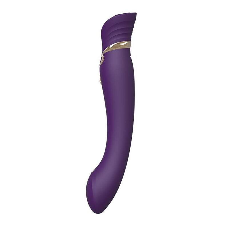 Lila Vibrator mit geschwungenem Design, goldfarbenen Akzenten. Seitliche Ansicht.