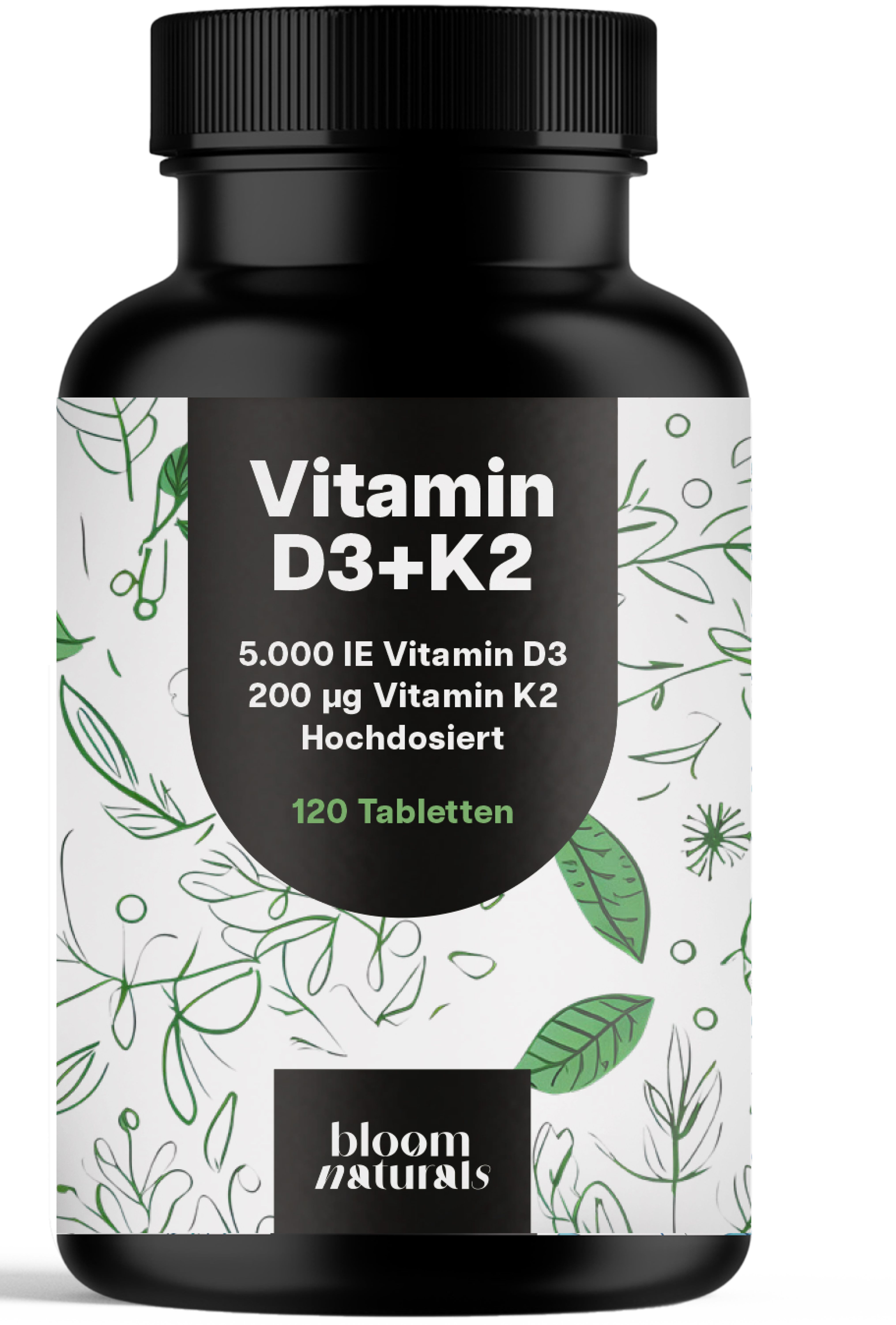 Schwarze Flasche mit Vitamin D3+K2 Tabletten. Aufschrift: 5.000 IE Vitamin D3, 200 µg Vitamin K2, 120 Tabletten. Marke: bloom naturals.