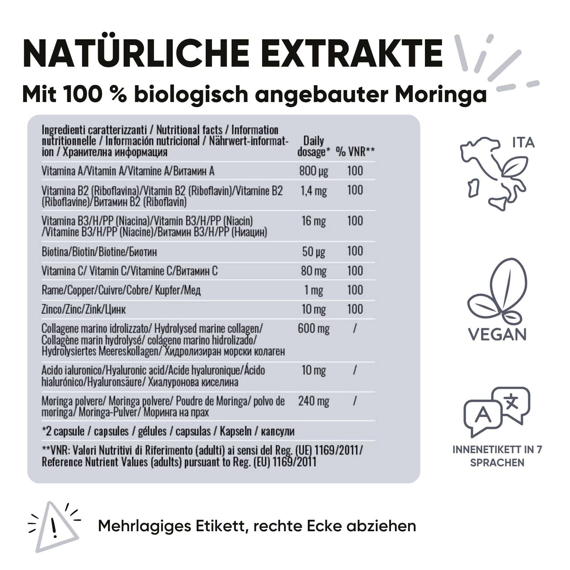 Flasche RedMoringa Kollagen Hyaluron. Text: Natürliche Extrakte, 100% biologische Moringa. Nährwertangaben.