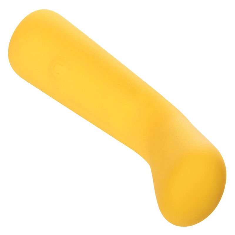 Gelbes, flexibles Massagegerät. Abgewinkelte Form mit abgerundeten Enden. Ein/Aus-Taste sichtbar.