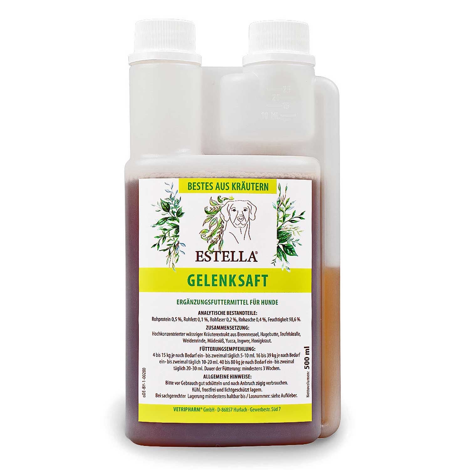 Ergänzungsfuttermittel für Hunde. Flasche mit brauner Flüssigkeit und weißem Deckel. Etikett mit Produktnamen und Logo.