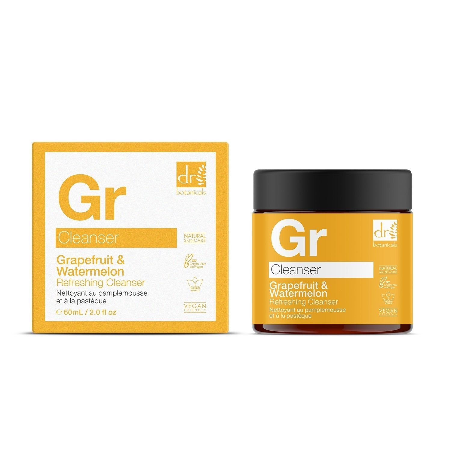 Gelbe Verpackung und Tiegel. Aufschrift "Gr Cleanser Grapefruit & Watermelon". Vegan-Siegel. Schwarzer Deckel.