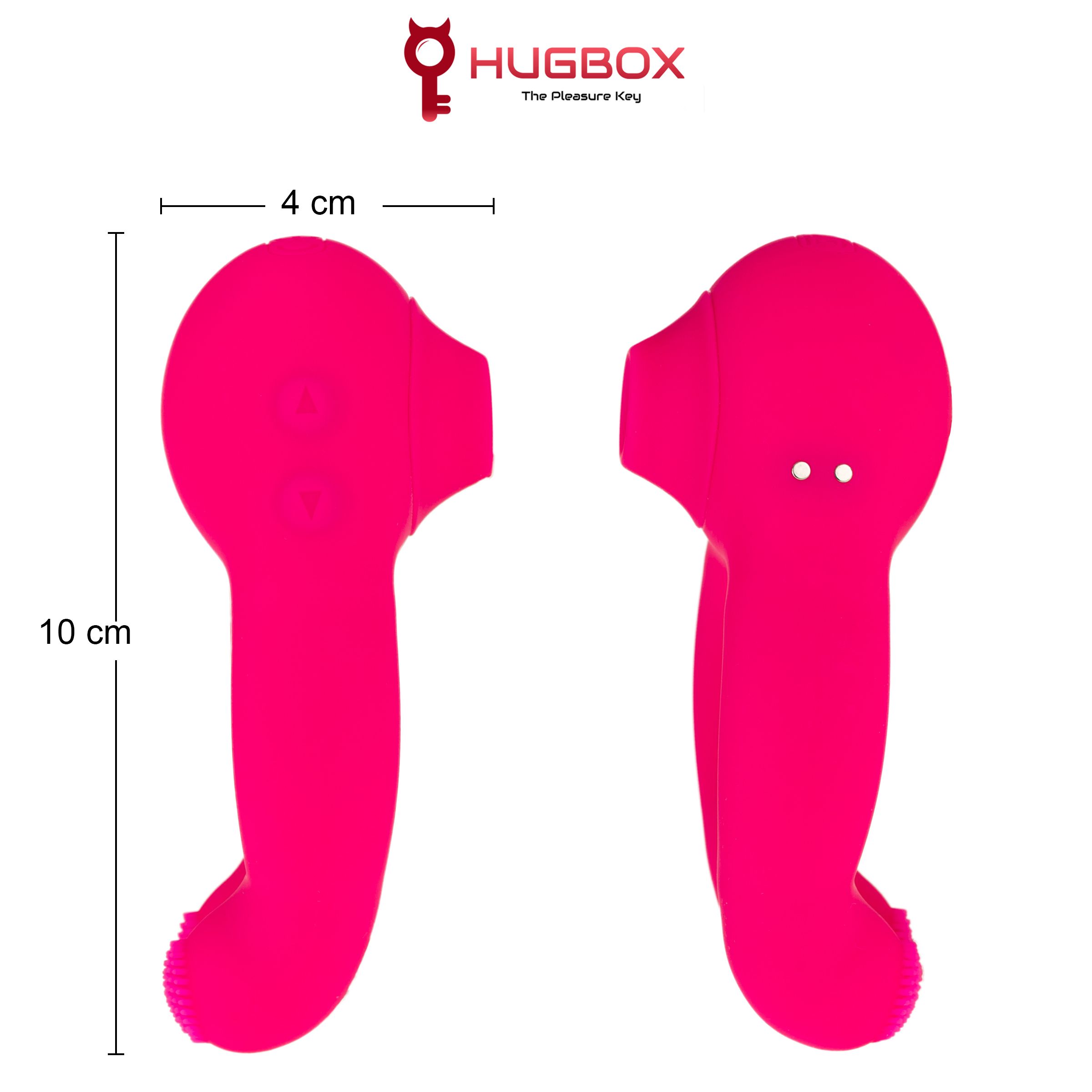 Zwei rosa Produkte, 10 cm hoch, 4 cm breit. HUGBOX-Logo oben. Mit Messangaben.