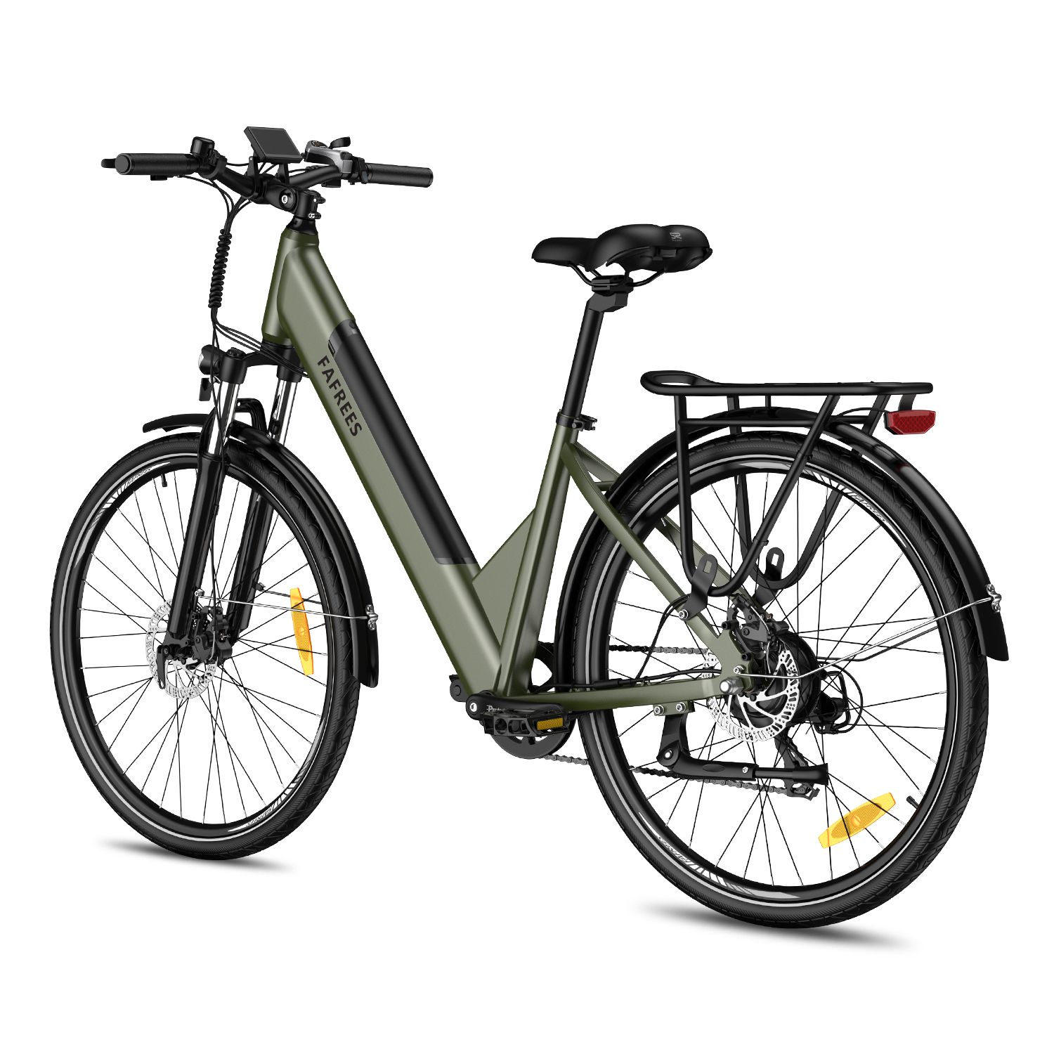 Grünes E-Bike mit Gepäckträger, Schutzblechen und dem Schriftzug FAFREES. Schwarze Reifen und Sattel.