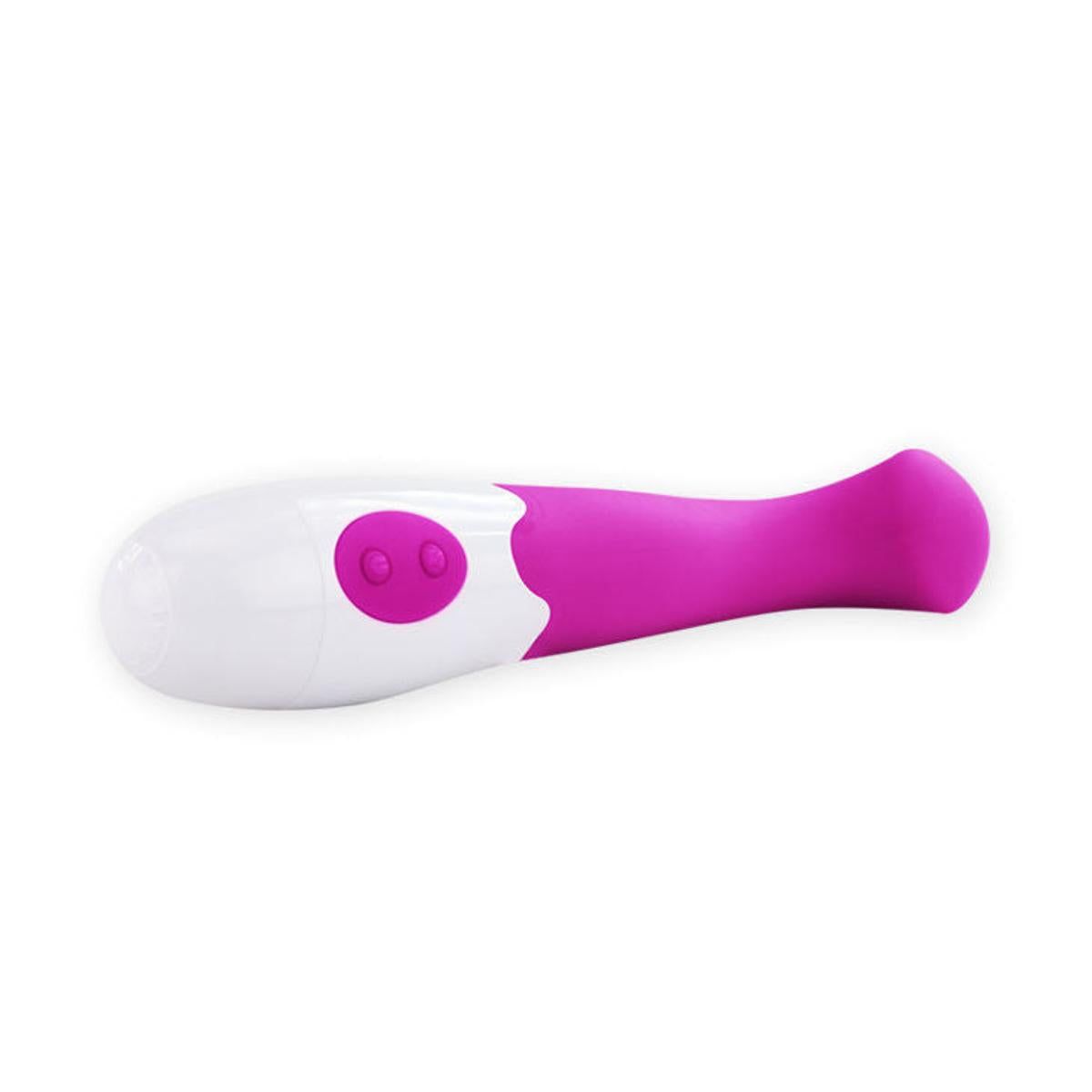 Vibrator, pink und weiß. Liegende Position. Zwei Knöpfe am Griff. Abgerundete Spitze.