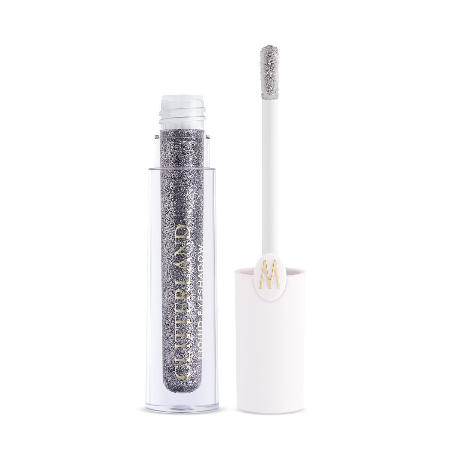 Ombretto liquido con applicatore. Glitter argento in flacone trasparente. Tappo e applicatore bianchi. Marchio: WYCON Cosmetics.