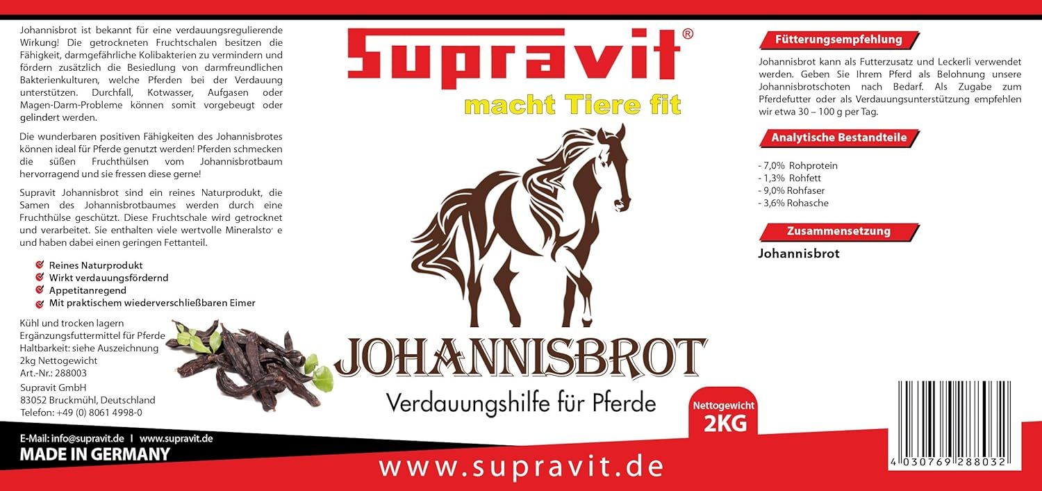 Etikett mit Text und Logo: Supravit, Johannisbrot, Verdauungshilfe für Pferde, 2kg. Inhaltsstoffe und Fütterungsempfehlung.
