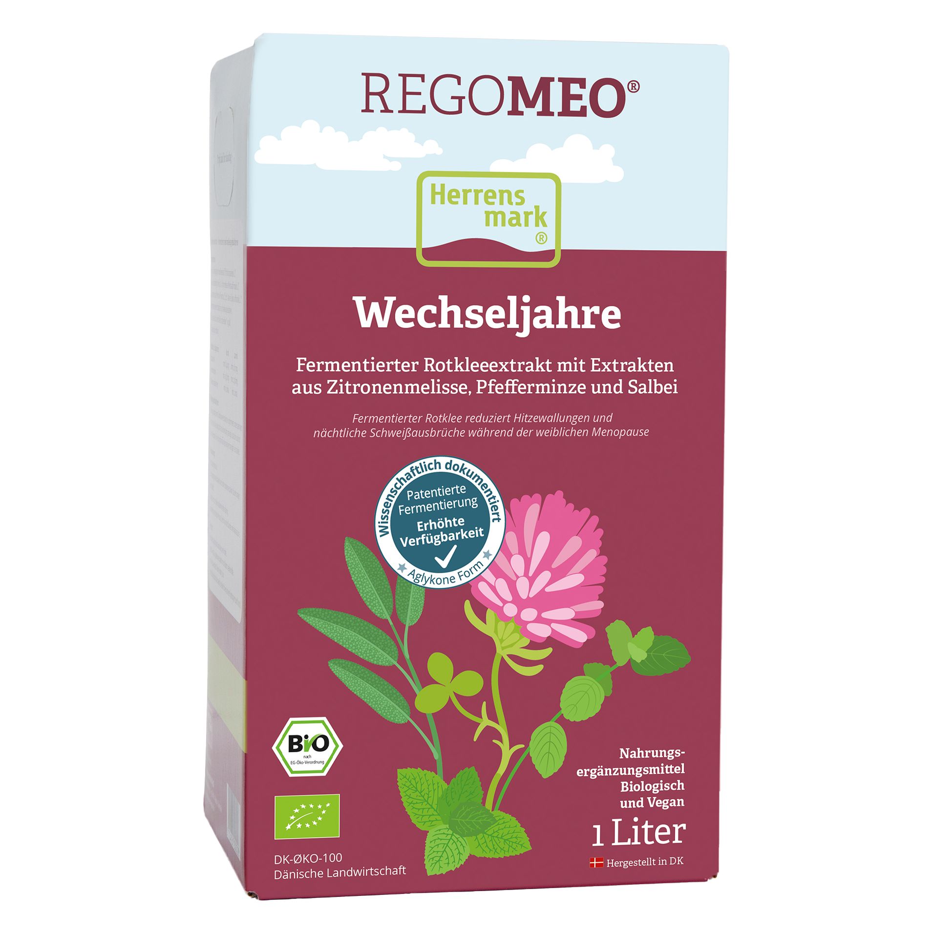 Verpackung von Herrens Mark - REGOMEO Wechseljahre. Rote und weiße Schrift, mit Kleeblatt-Illustration. 1 Liter, Bio-Siegel.