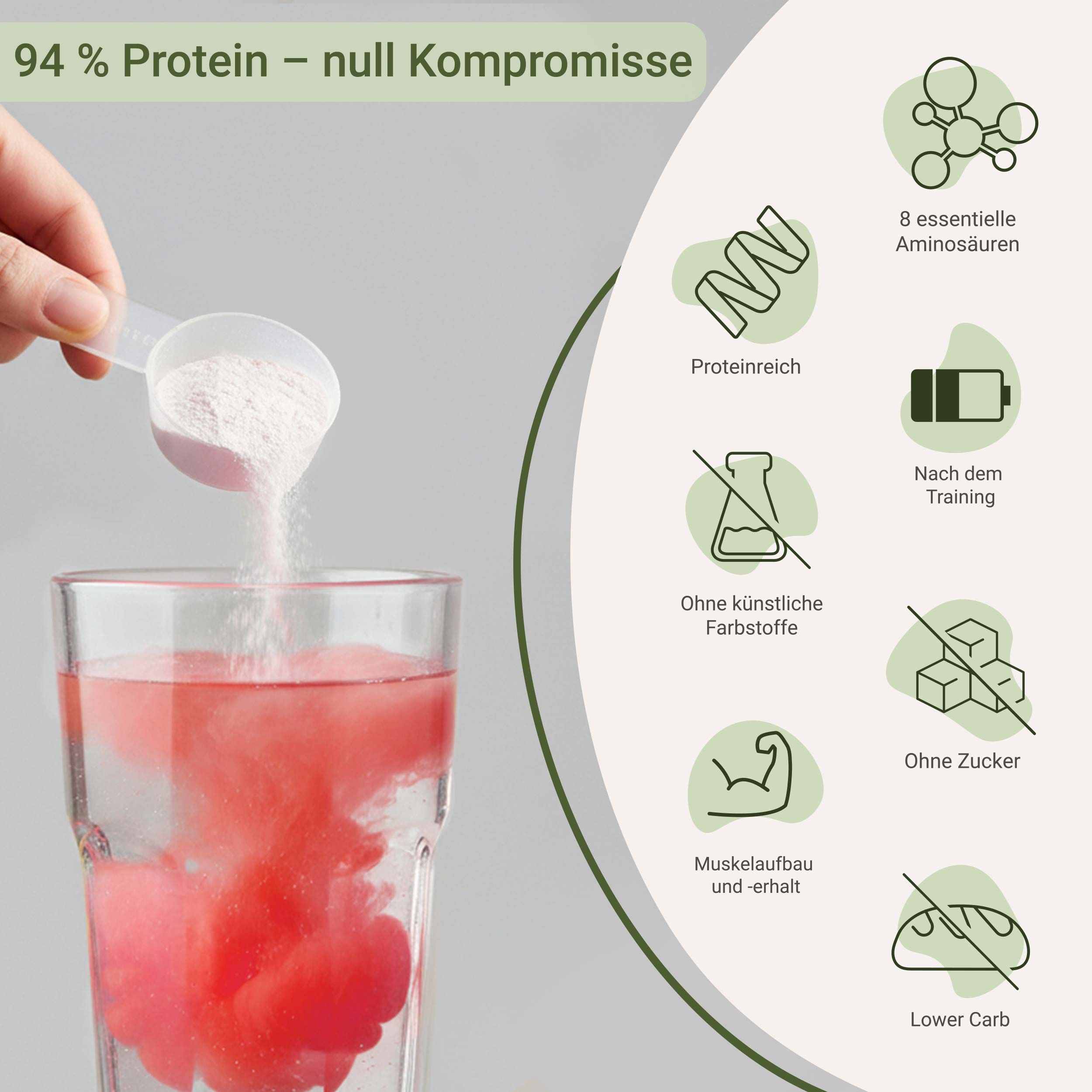 Hand schüttet Pulver in Glas mit Flüssigkeit. Icons: 8 essentielle Aminosäuren, proteinreich, nach dem Training, ohne Zucker.