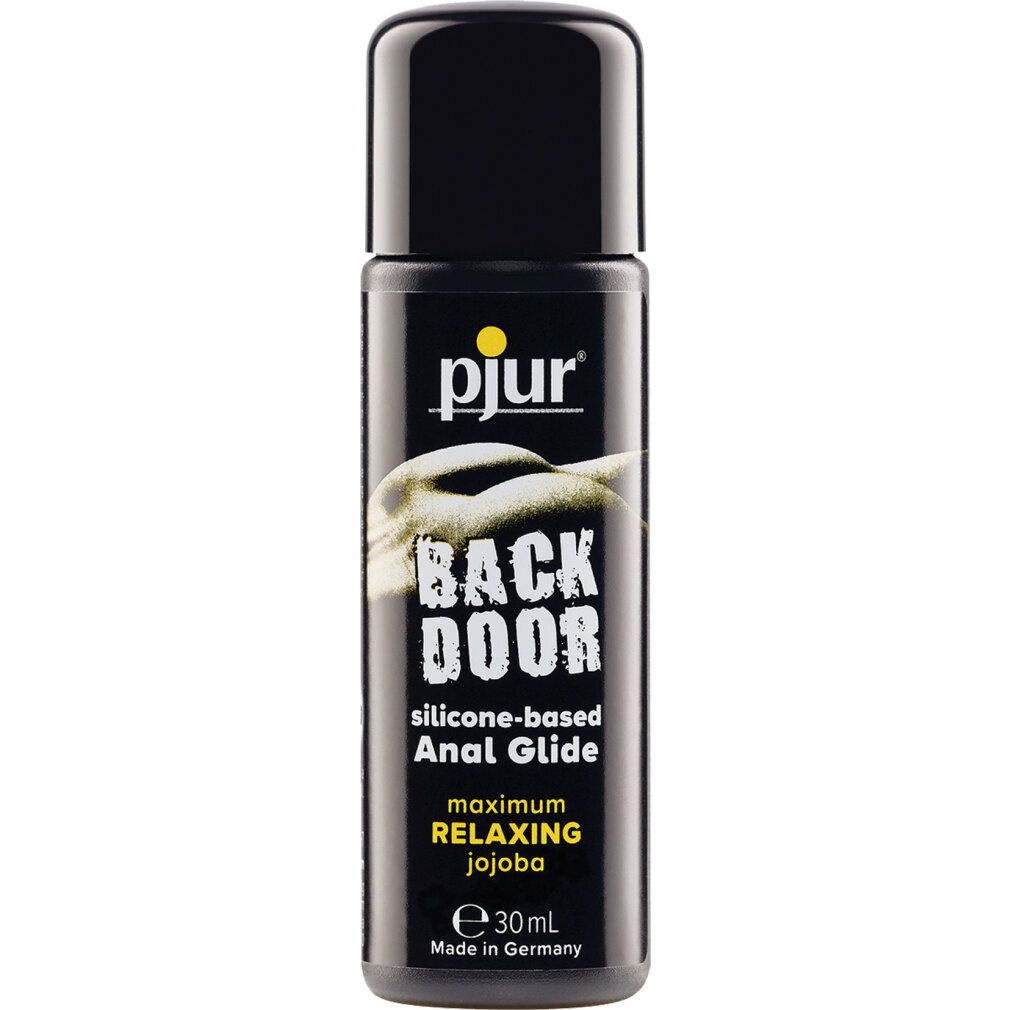 Schwarze Flasche mit schwarzem Deckel. Aufschrift: pjur, BACK DOOR, silicone-based Anal Glide, maximum RELAXING jojoba. 30ml.