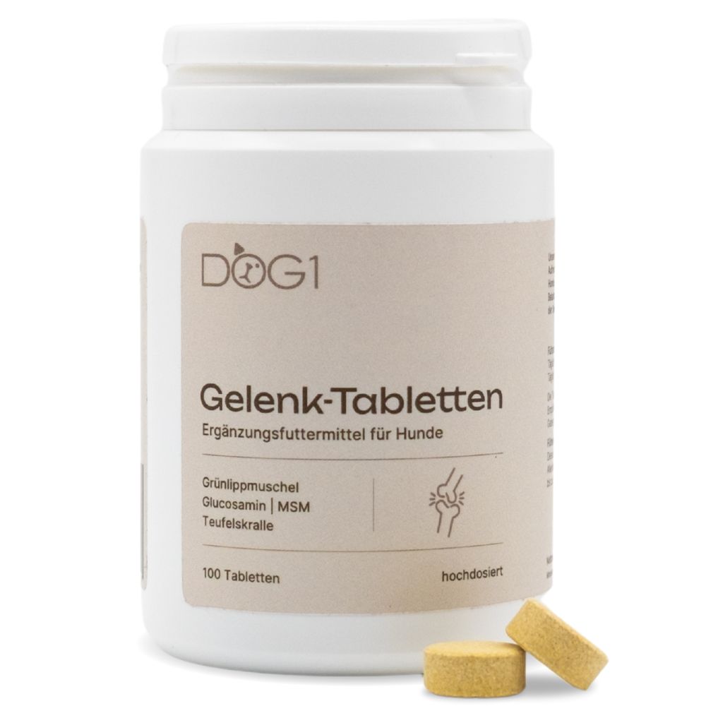 Weiße Dose mit DOG1 Gelenk-Tabletten. Braunes Etikett mit Produktinformationen und zwei Tabletten.