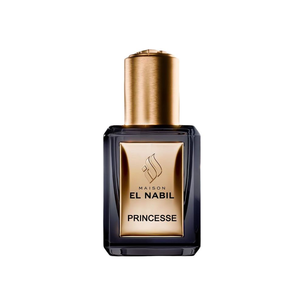 Dunkelblaue Parfumflasche mit goldfarbenem Verschluss. Auf dem Etikett steht "MAISON EL NABIL PRINCESSE".