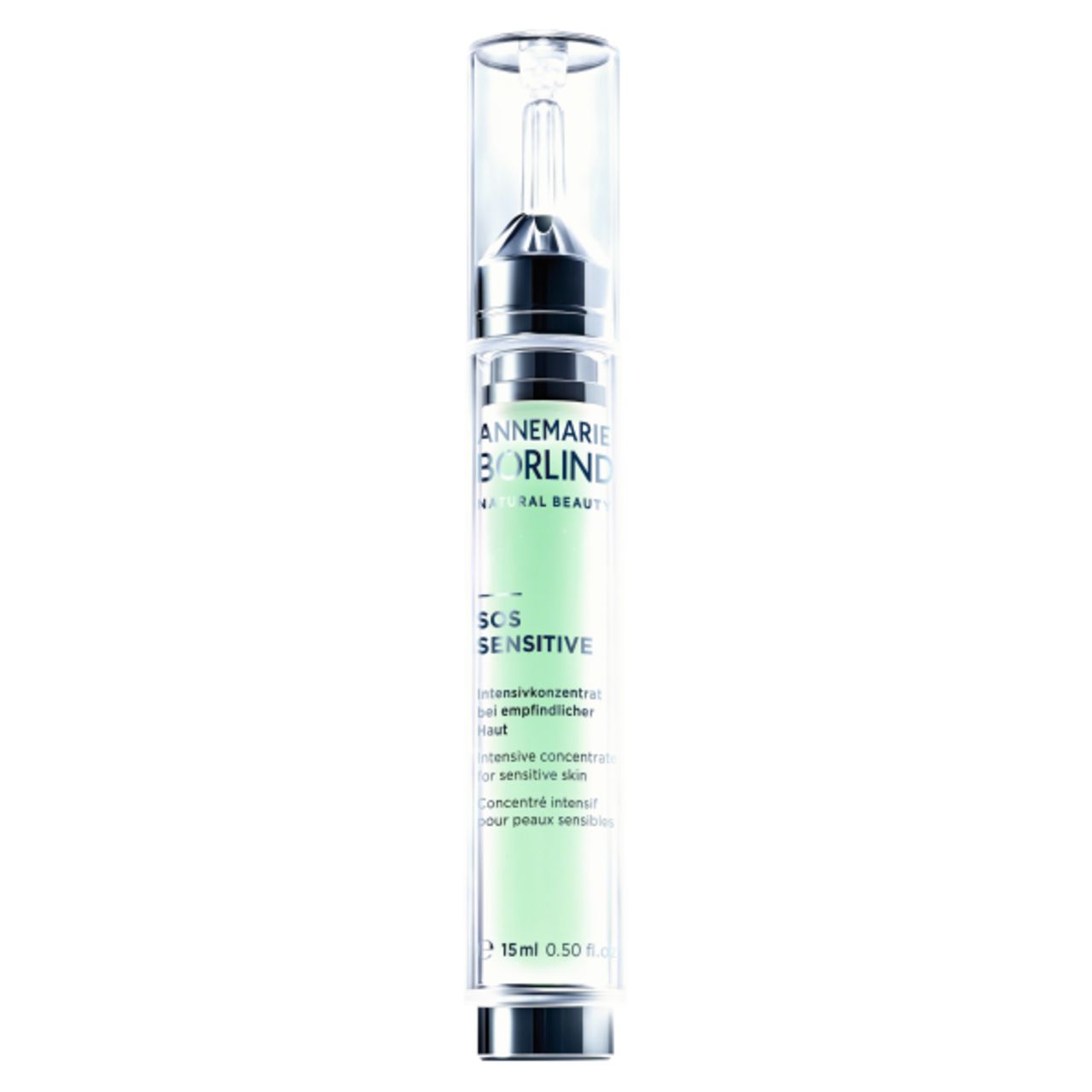 ANNEMARIE BÖRLIND SOS Sensitive Intensivkonzentrat. Flasche mit Dosierer. Grünliche Flüssigkeit sichtbar. 15 ml.
