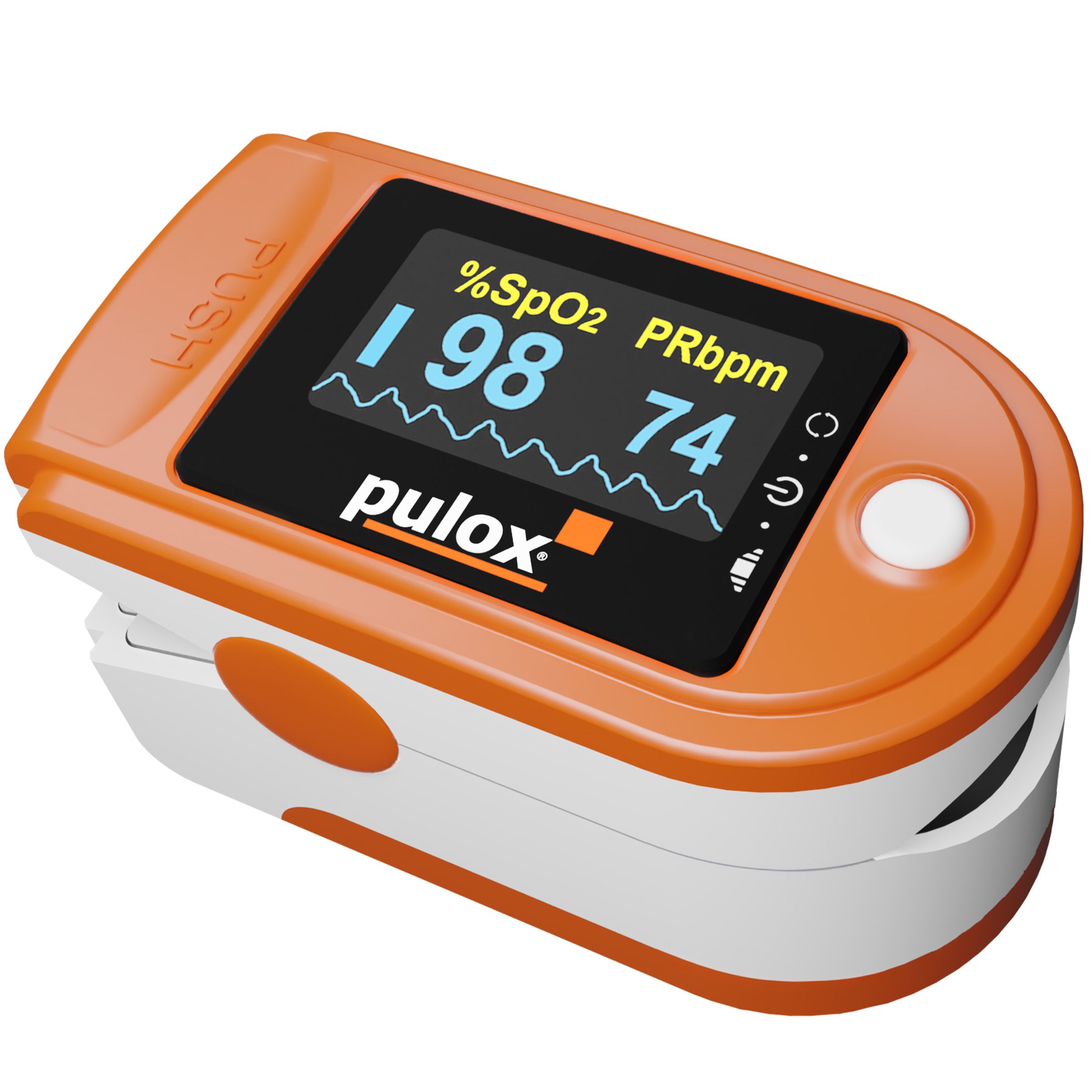 Orange Pulsoximeter mit LCD-Display, das %SpO2 und PRbpm anzeigt. Nahaufnahme.