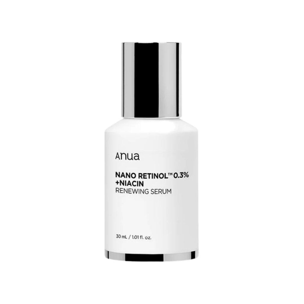 Weiße Flasche ANUA Nano Retinol 0.3% + Niacin Serum mit silbernem Verschluss.