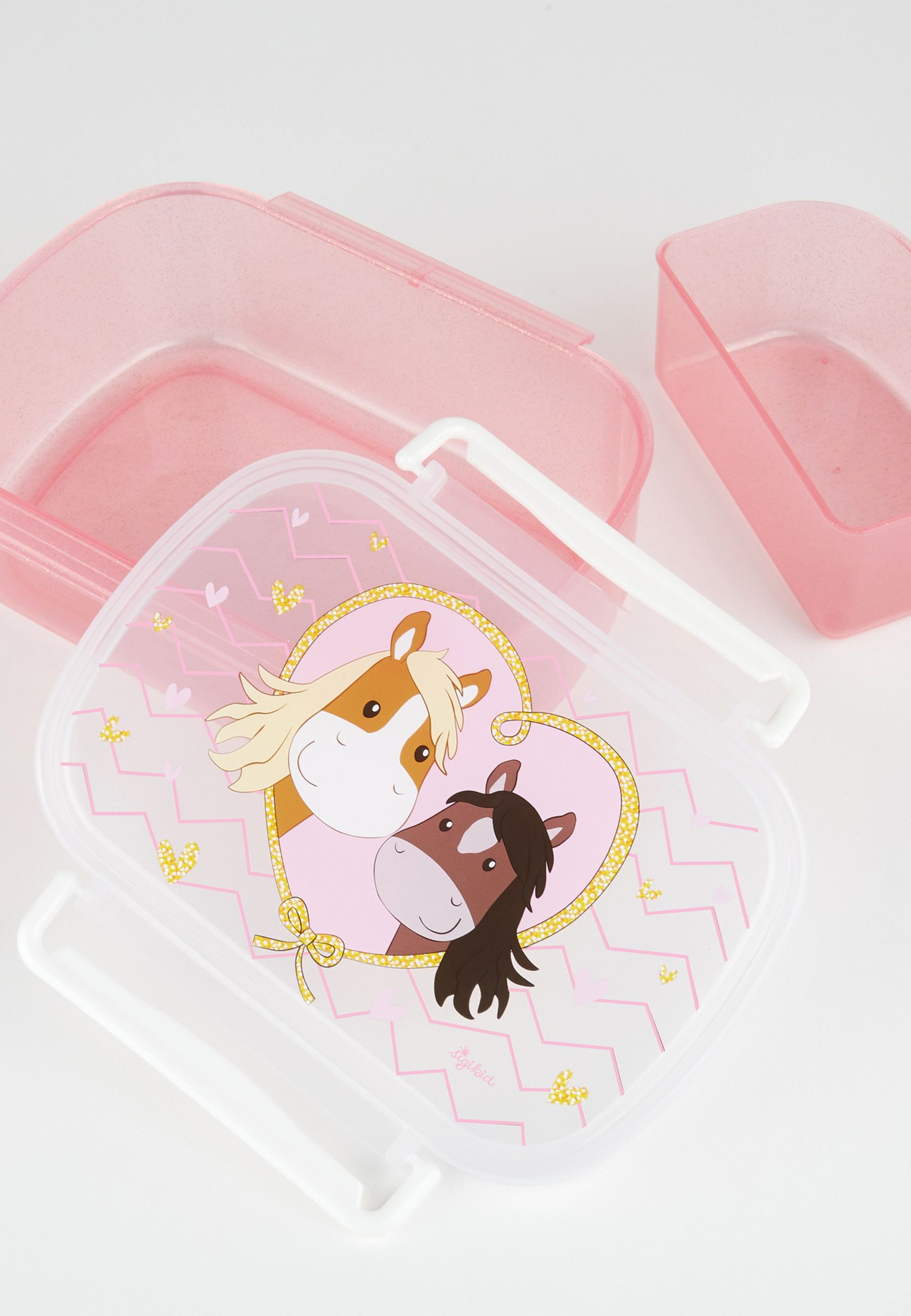 Rosa Brotbox mit Pony-Motiv. Deckel und kleine Box separat. Zwei Pferde in Herzform auf dem Deckel.