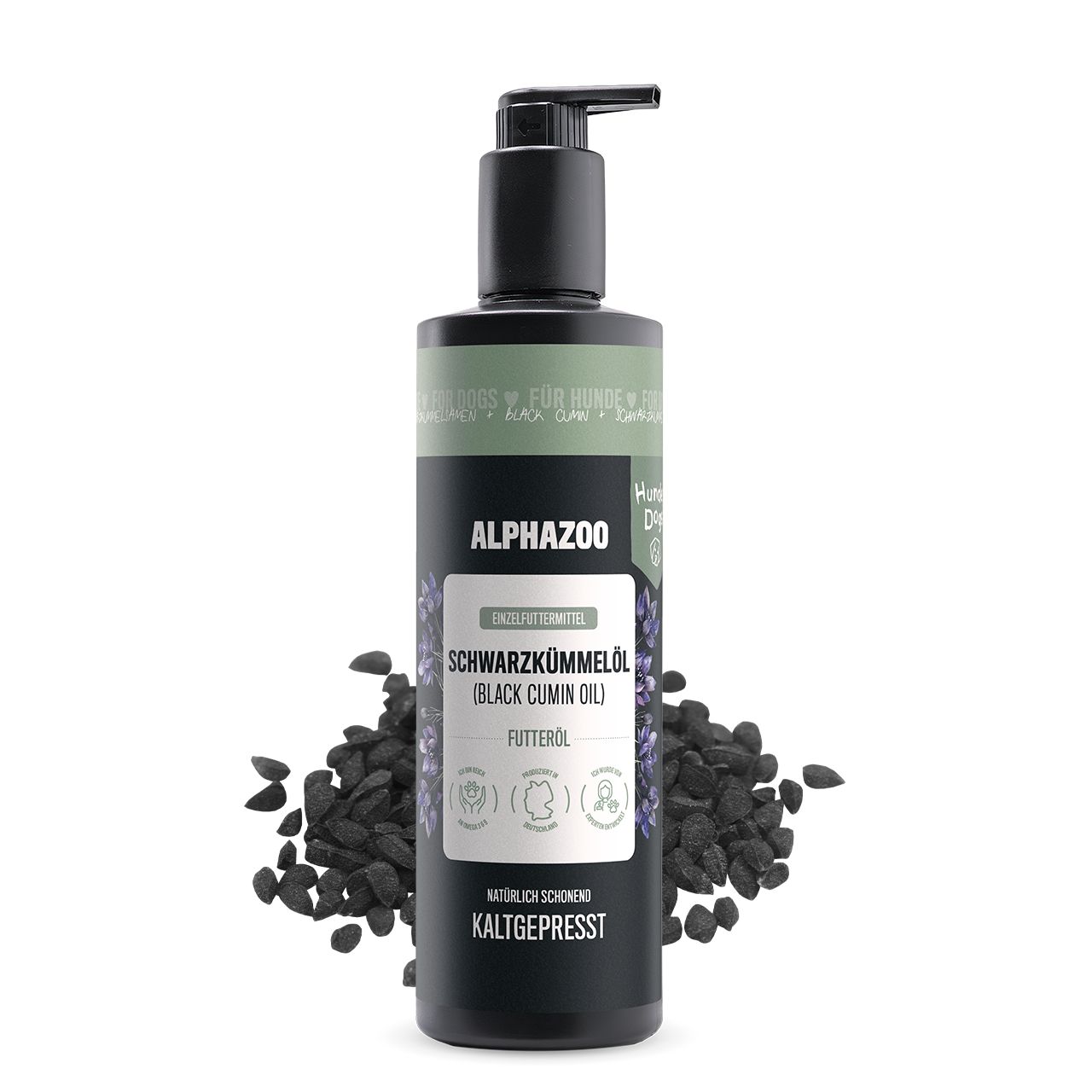 Schwarze Flasche mit Pumpe, Schwarzkümmelöl. Schwarzkümmelsamen. Text: alphazoo, Schwarzkümmelöl (Black Cumin Oil), kaltgepresst.
