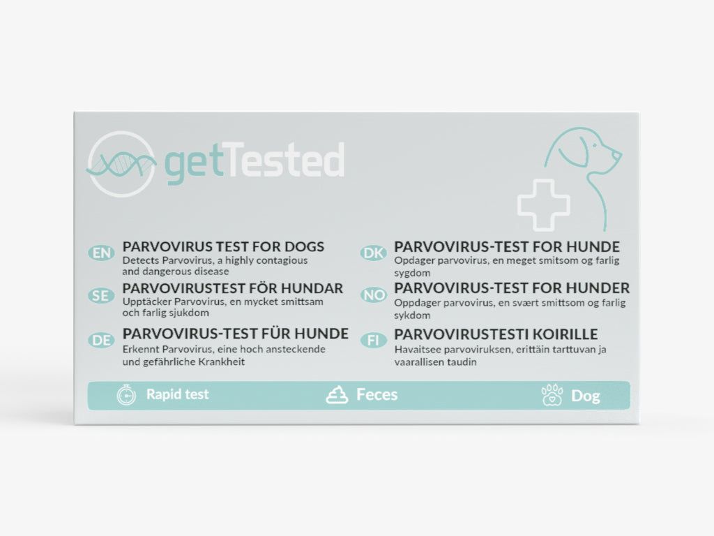 Verpackung für einen Parvovirus-Test für Hunde. Enthält Text in mehreren Sprachen, darunter Deutsch. Zeigt ein Hundesymbol.