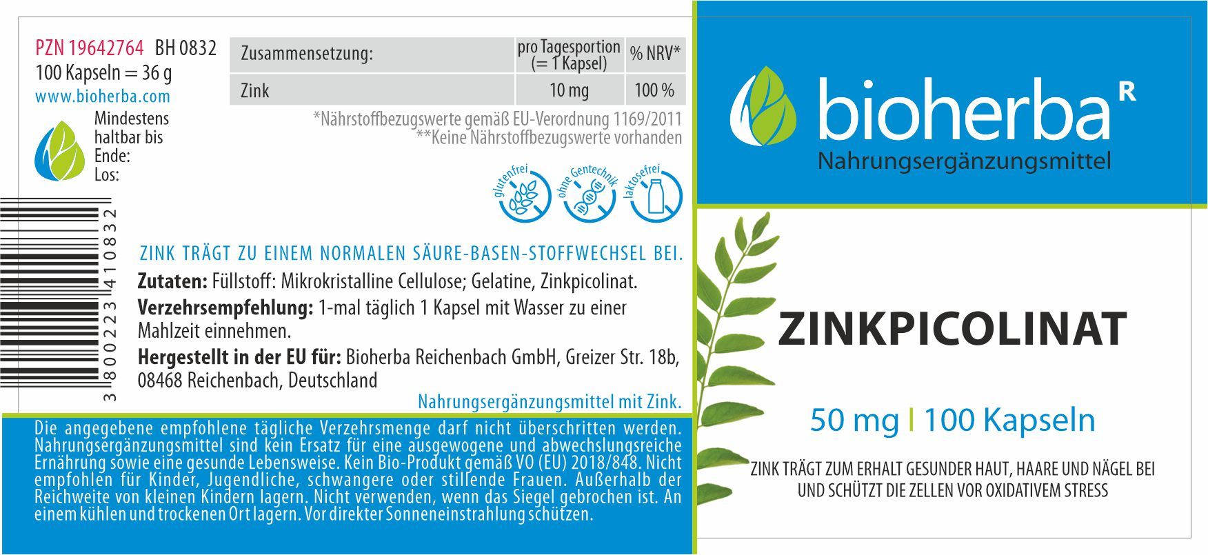 Etikett mit Produktinformationen. Bioherba Zinkpicolinat, 50 mg | 100 Kapseln. Inhaltsstoffe und Verzehrempfehlung.