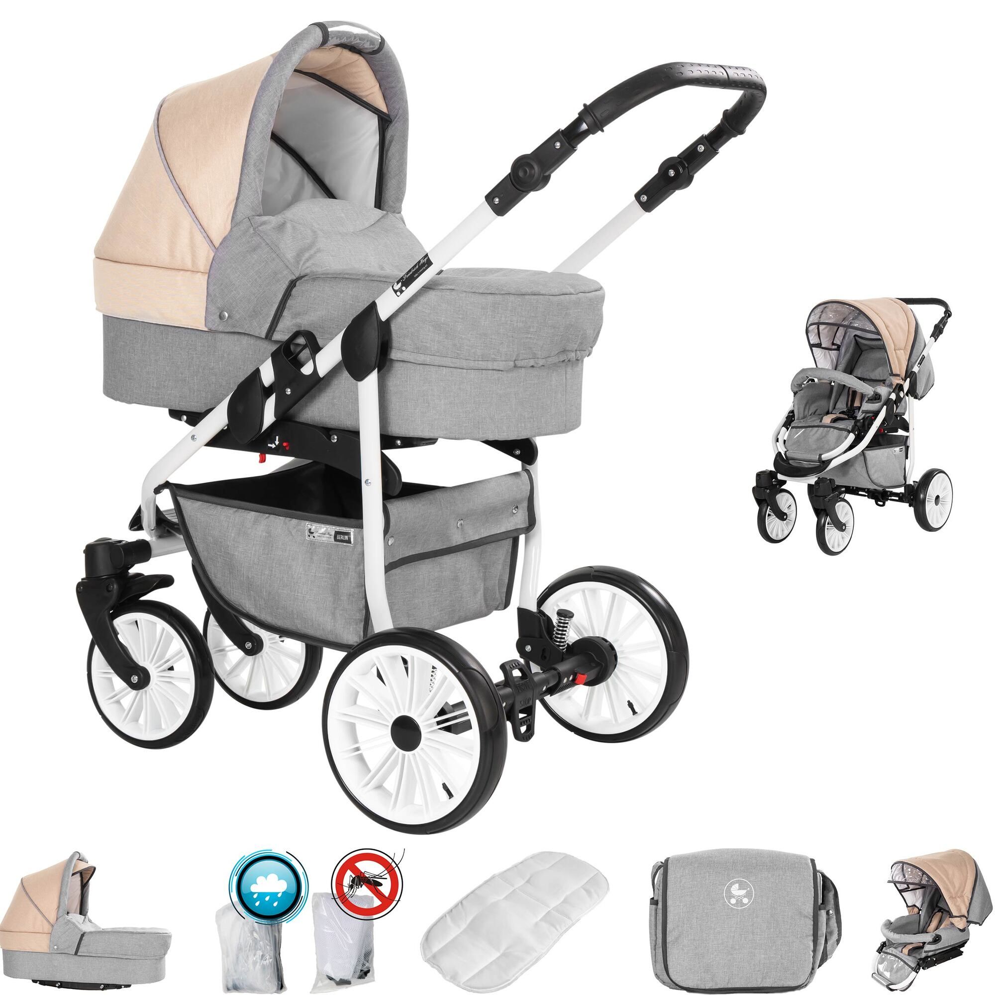 Friedrich Hugo Berlin 2 in 1 Kinderwagen Luftreifen, Light Grey and Beige Day