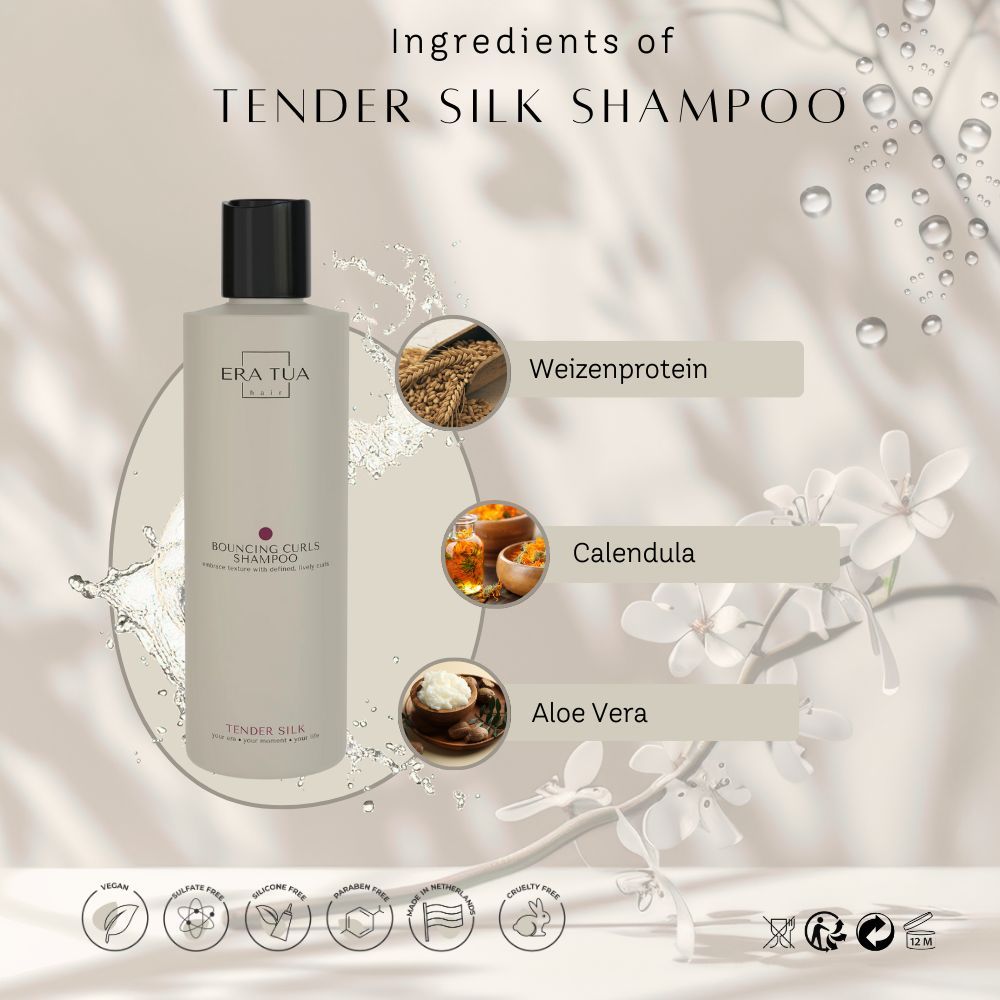 Flasche "Era Tua" Tender Silk Shampoo. Inhaltsstoffe: Weizenprotein, Calendula, Aloe Vera. Vegan- und Tierversuchsfrei-Siegel.