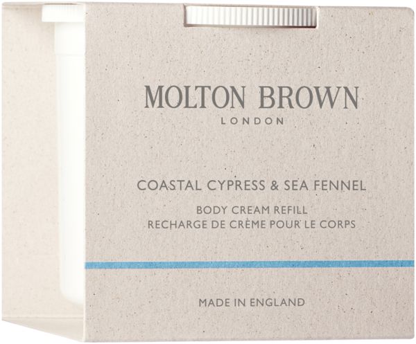 Körpercreme-Nachfüllpackung in Kartonverpackung. Aufschrift: Molton Brown, Coastal Cypress & Sea Fennel, Body Cream Refill.