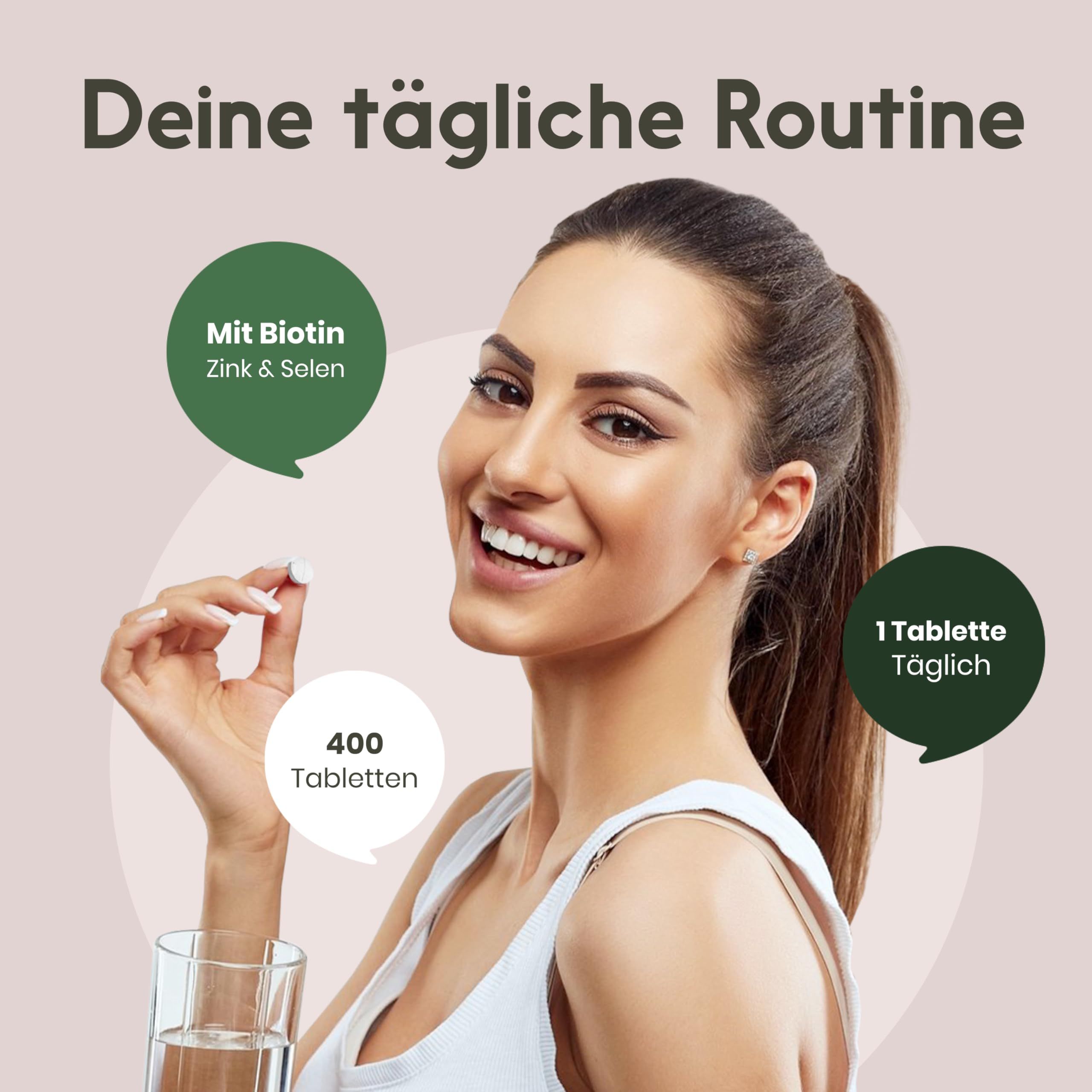 Frau hält Tablette und Glas Wasser. Text: Deine tägliche Routine. Kreise mit Text: Mit Biotin, Zink & Selen, 1 Tablette täglich, 400 Tabletten.