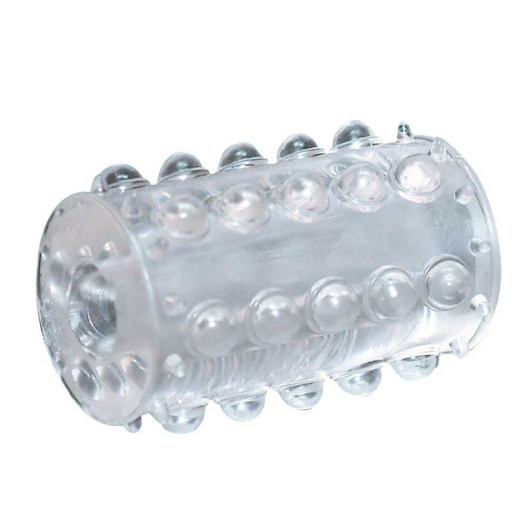 Zylindrisches, transparentes Wellness-Produkt mit Noppen. Material: Kunststoff. Mit Öffnung an beiden Enden.
