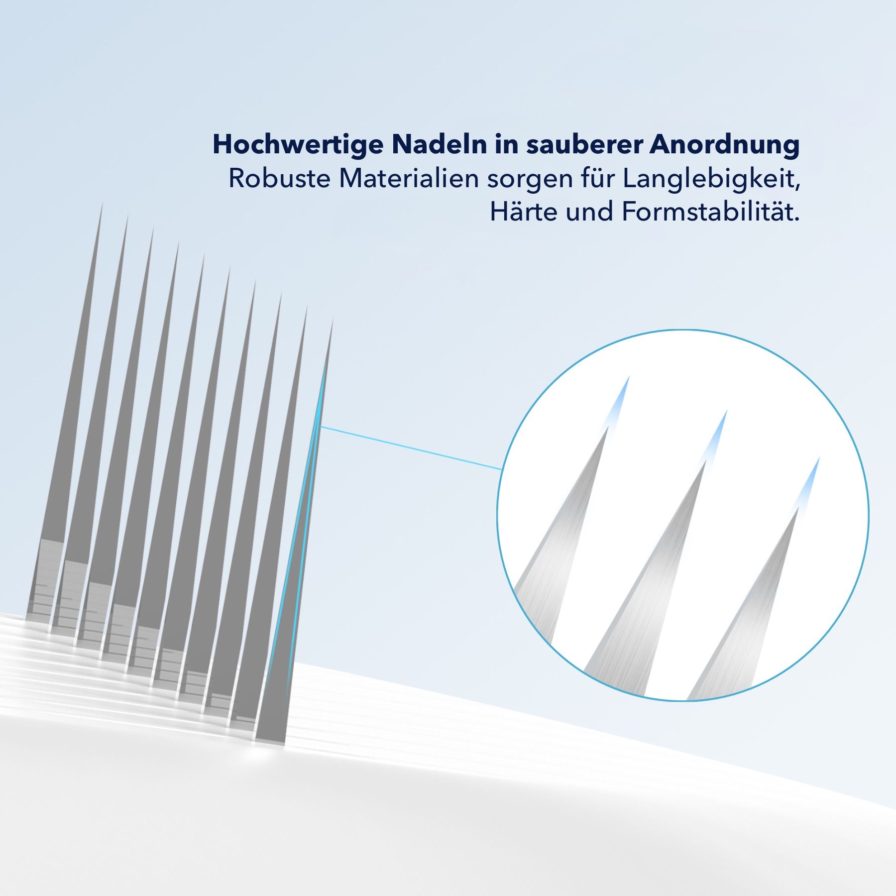 Nahaufnahme der Nadeln des Derma Stamps. Hochwertige Nadeln in sauberer Anordnung. Robuste Materialien für Langlebigkeit und Formstabilität.