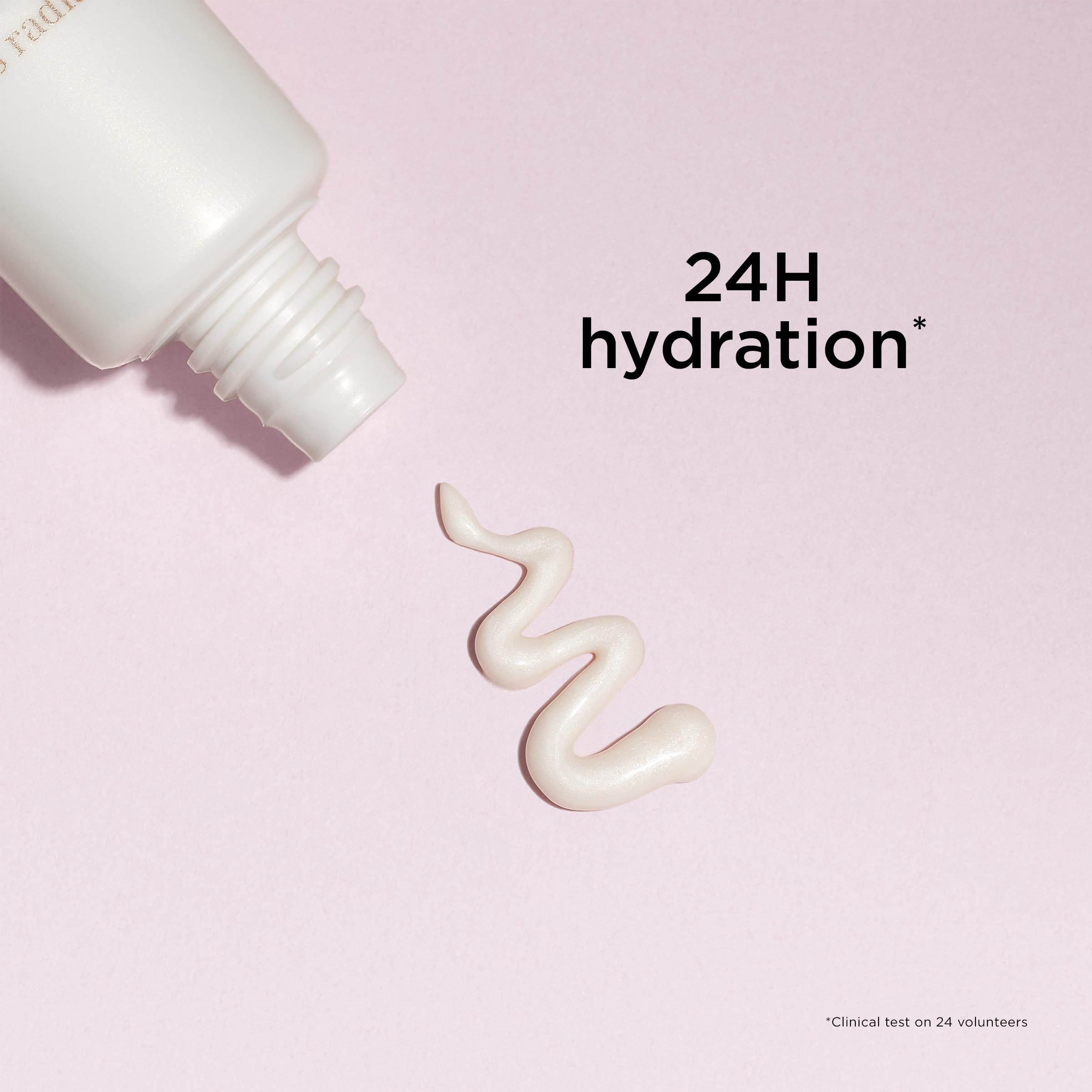 Weiße Tube mit Creme-Strähne. Text: 24H hydration.
