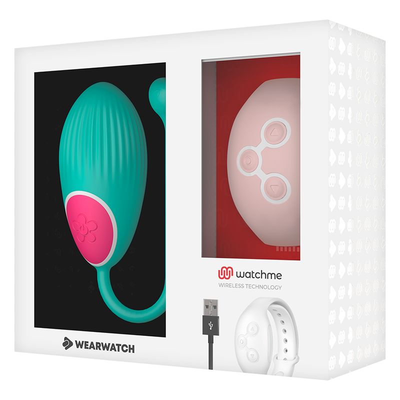 Verpackung mit Vibro-Ei, Armband, USB-Kabel. Logo: watchme, Wearwatch.