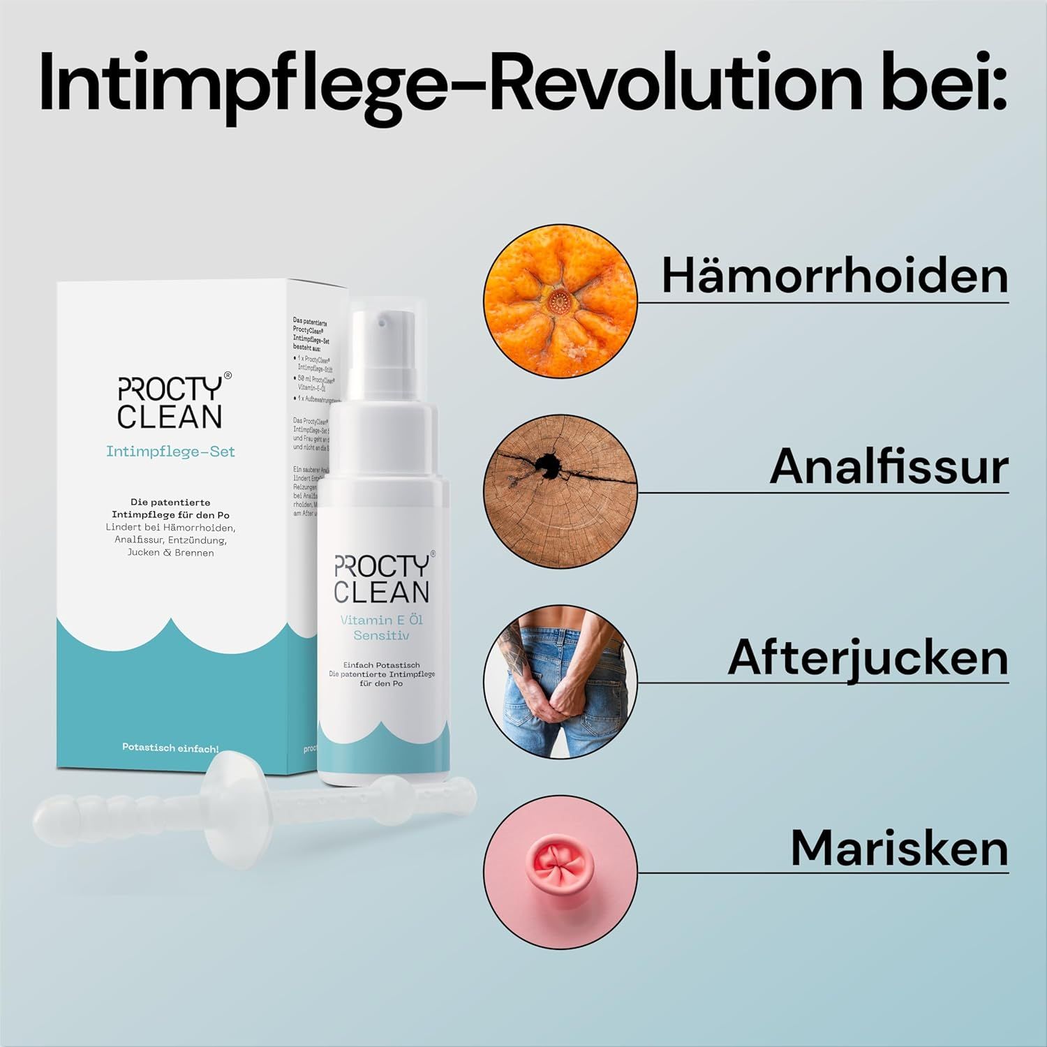 Produktabbildung mit Diagramm. Beschriftungen: Hämorrhoiden, Analfissur, Afterjucken, Marisken.