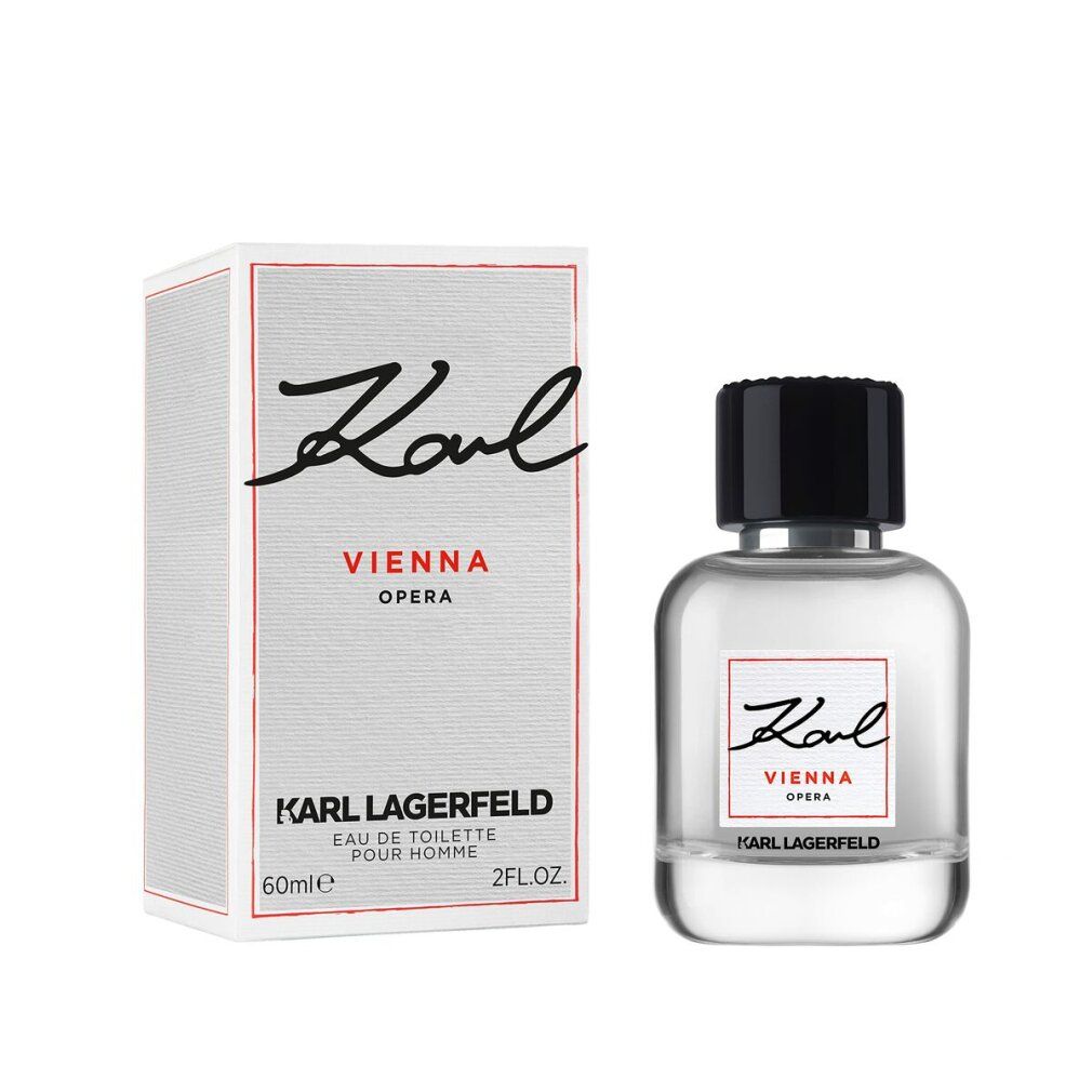 Flakon und Verpackung. Flakon: klar, schwarzer Deckel, rotes Etikett. Verpackung: weiß, Karl Vienna Opera, Karl Lagerfeld.