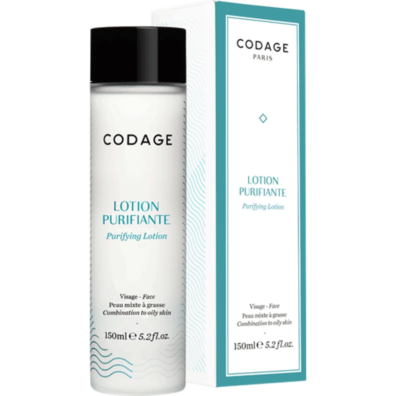 Codage Purifying Lotion und Verpackung. Weiße Flasche mit schwarzem Deckel. Aufschrift: Lotion Purifiante, 150ml. Für Mischhaut.