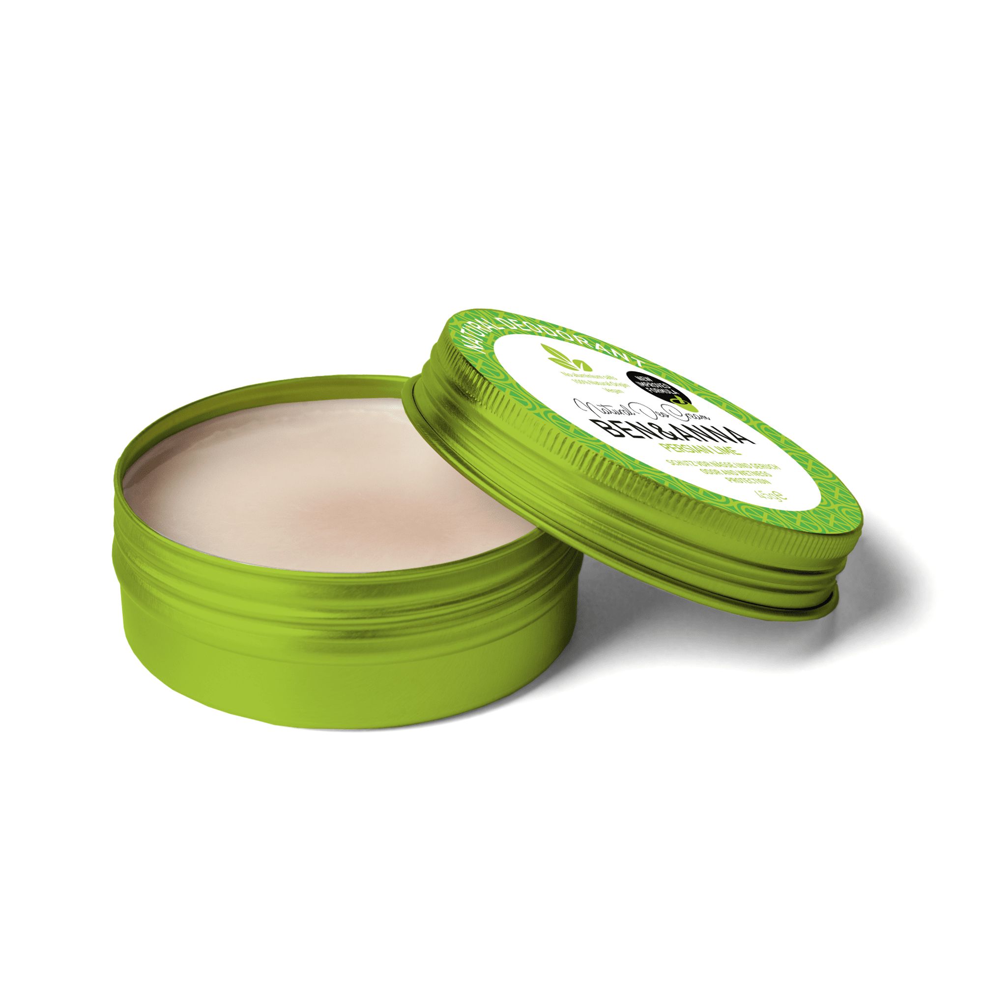 Groene doos met open deksel. Crème zichtbaar binnenin. Opschrift: BEN & ANNA Natural Care.