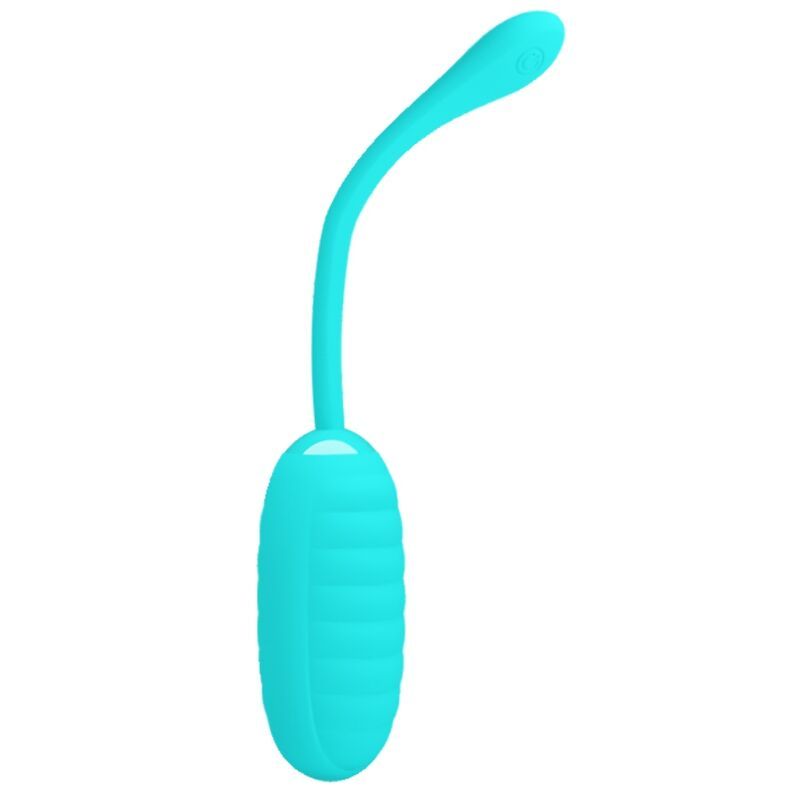 Türkisfarbenes, längliches Wellness-Produkt mit geriffelter Oberfläche und gebogenem Stiel. Am Ende des Stiels befindet sich ein Knopf.