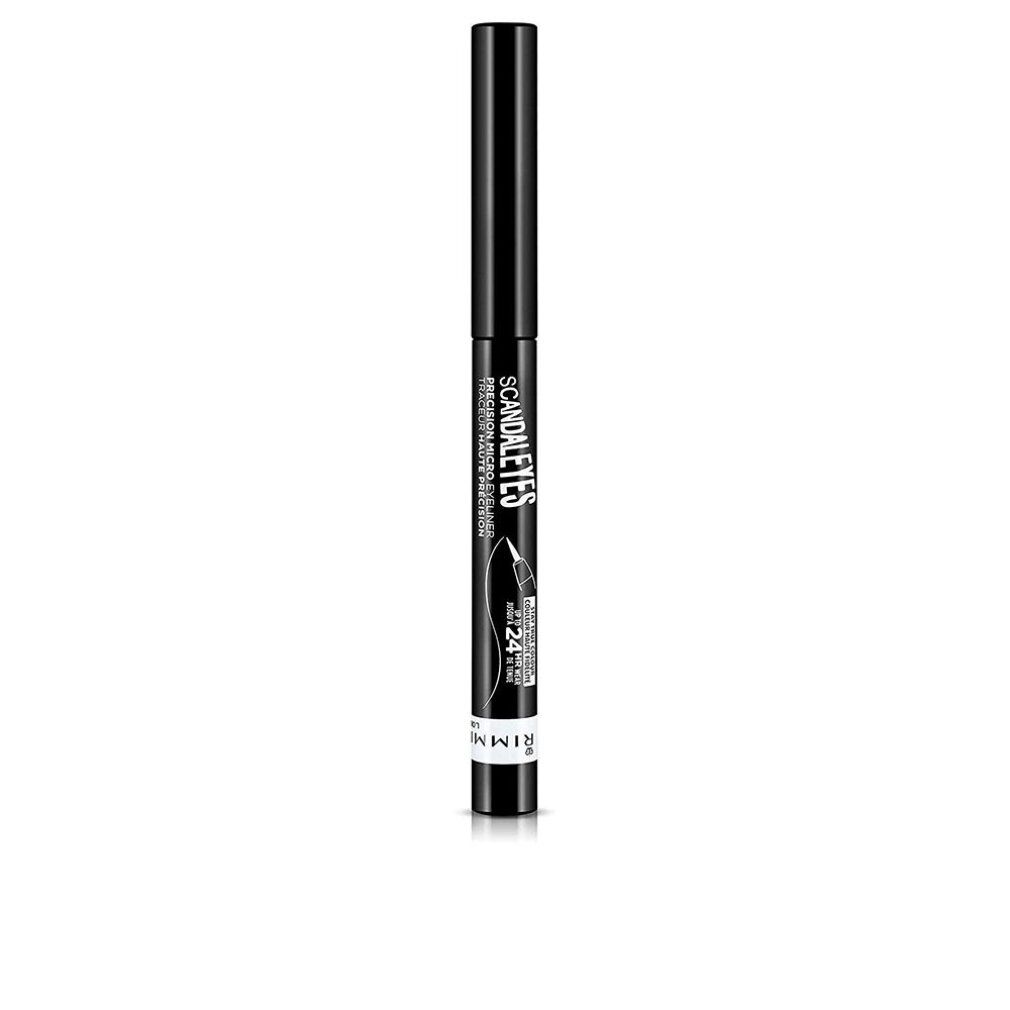 Schwarzer Eyeliner mit offener Kappe. Auf dem Stift steht "SCANDALEYES" und "RIMMEL LONDON".