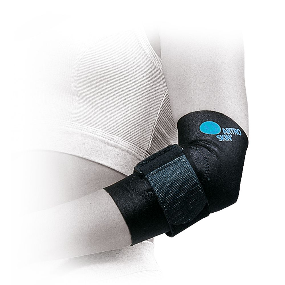 Schwarze Ellenbogenbandage mit Klettverschluss. Auf der Bandage ist "ARTROSKIN" in Blau geschrieben.