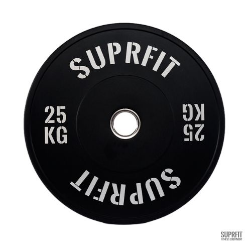 Schwarze Hantelscheibe mit weißem Logo. Aufschrift: SUPRfit, 25 KG.