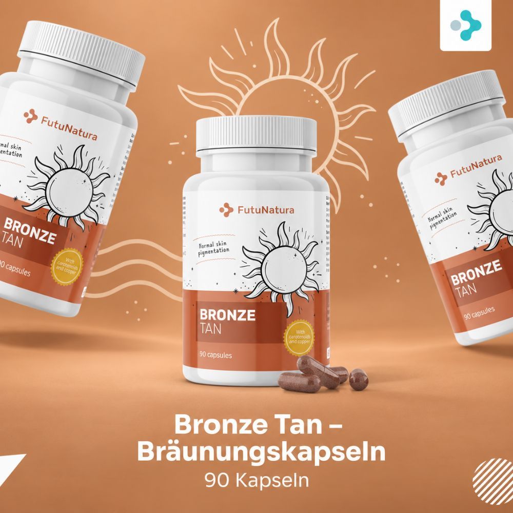 Flasche mit 90 Kapseln "Bronze Tan" von FutuNatura für gebräunte Haut.