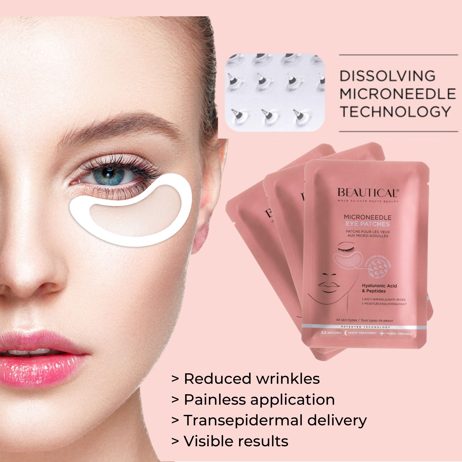 Frau mit Augenpads. Drei rosa Verpackungen mit BEAUTICAL Mikronadel-Augenpads. Text: Mikronadel-Technologie.