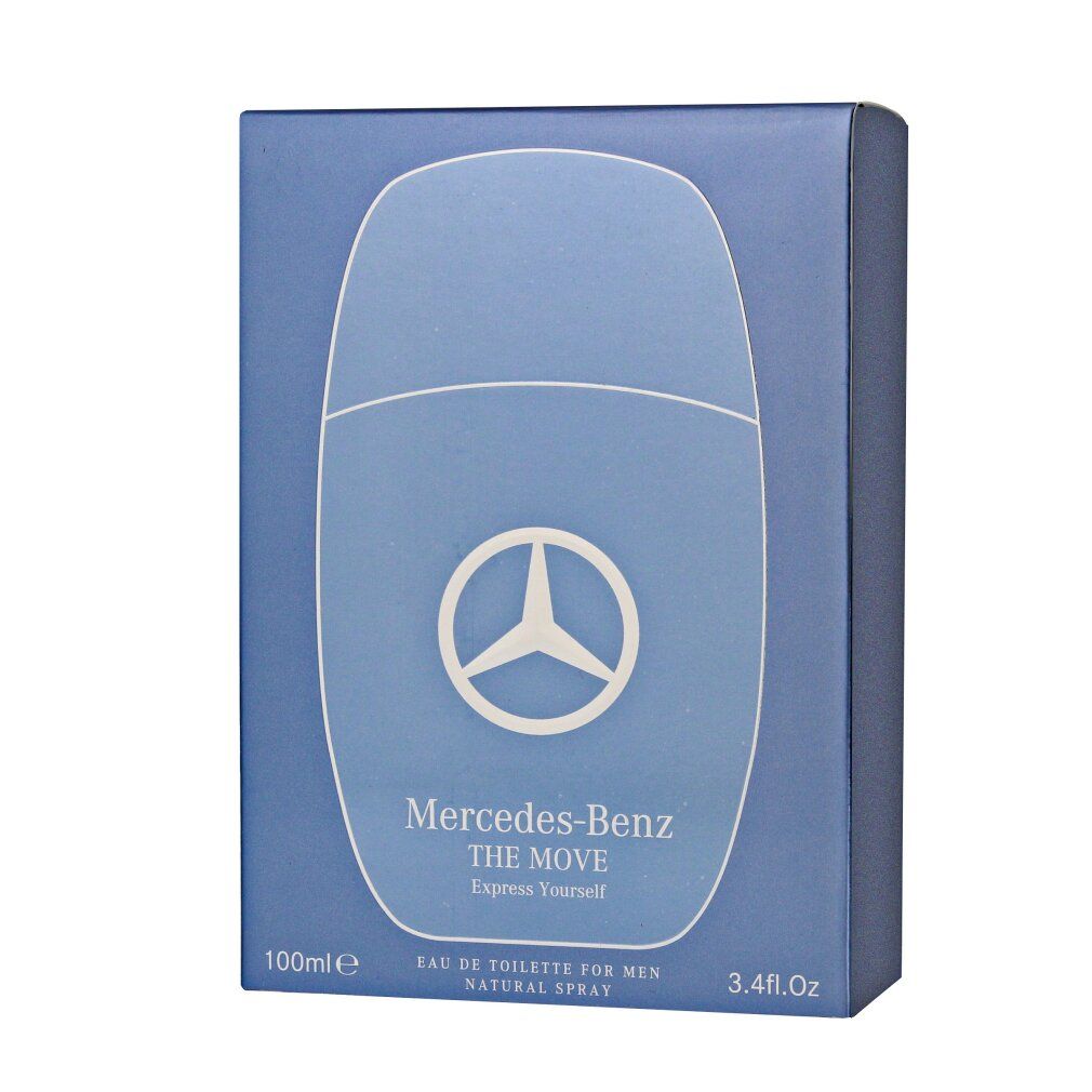 Blaue Verpackung mit Flakon-Abbildung und Mercedes-Benz-Logo. Aufschrift: Mercedes-Benz THE MOVE. Text: Eau de Toilette for Men, Natural Spray.